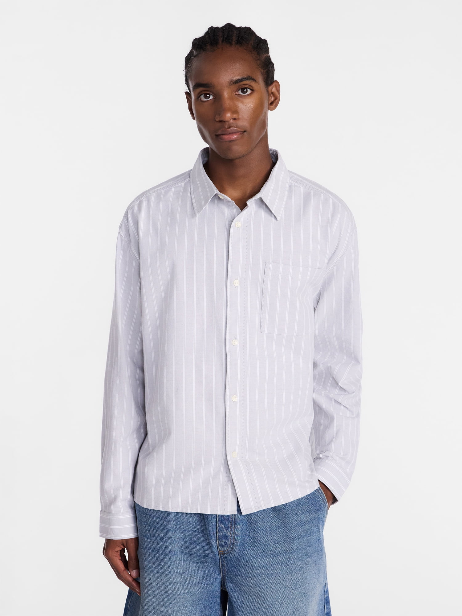 No Boundaries Boxy Cropped Fit Oxford Shirt with Long Sleeves, Men's XS-5XB