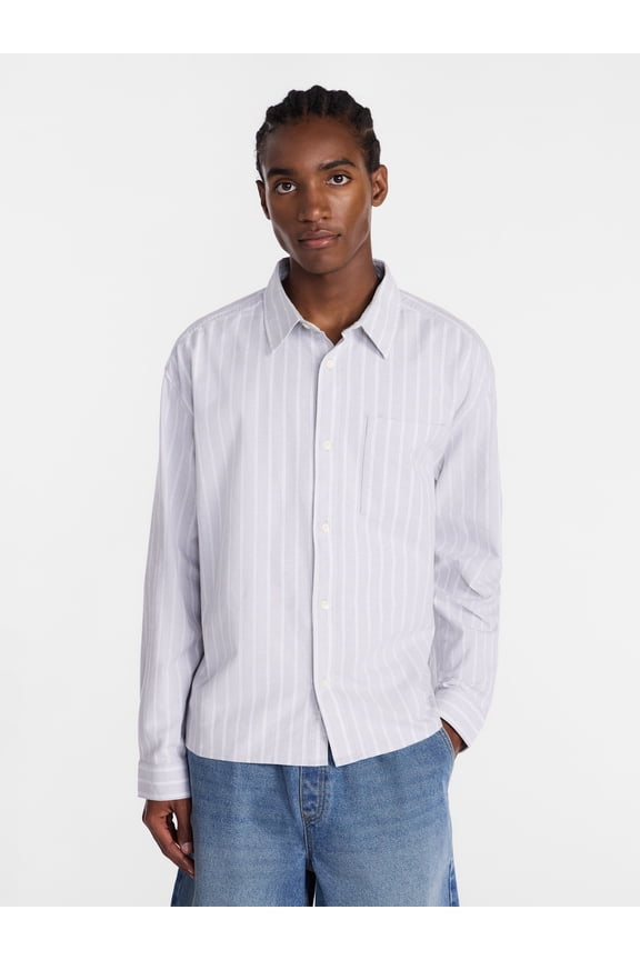 Boxy Cropped Fit Oxford Shirt with Long Sleeves, Men's XS-5XB