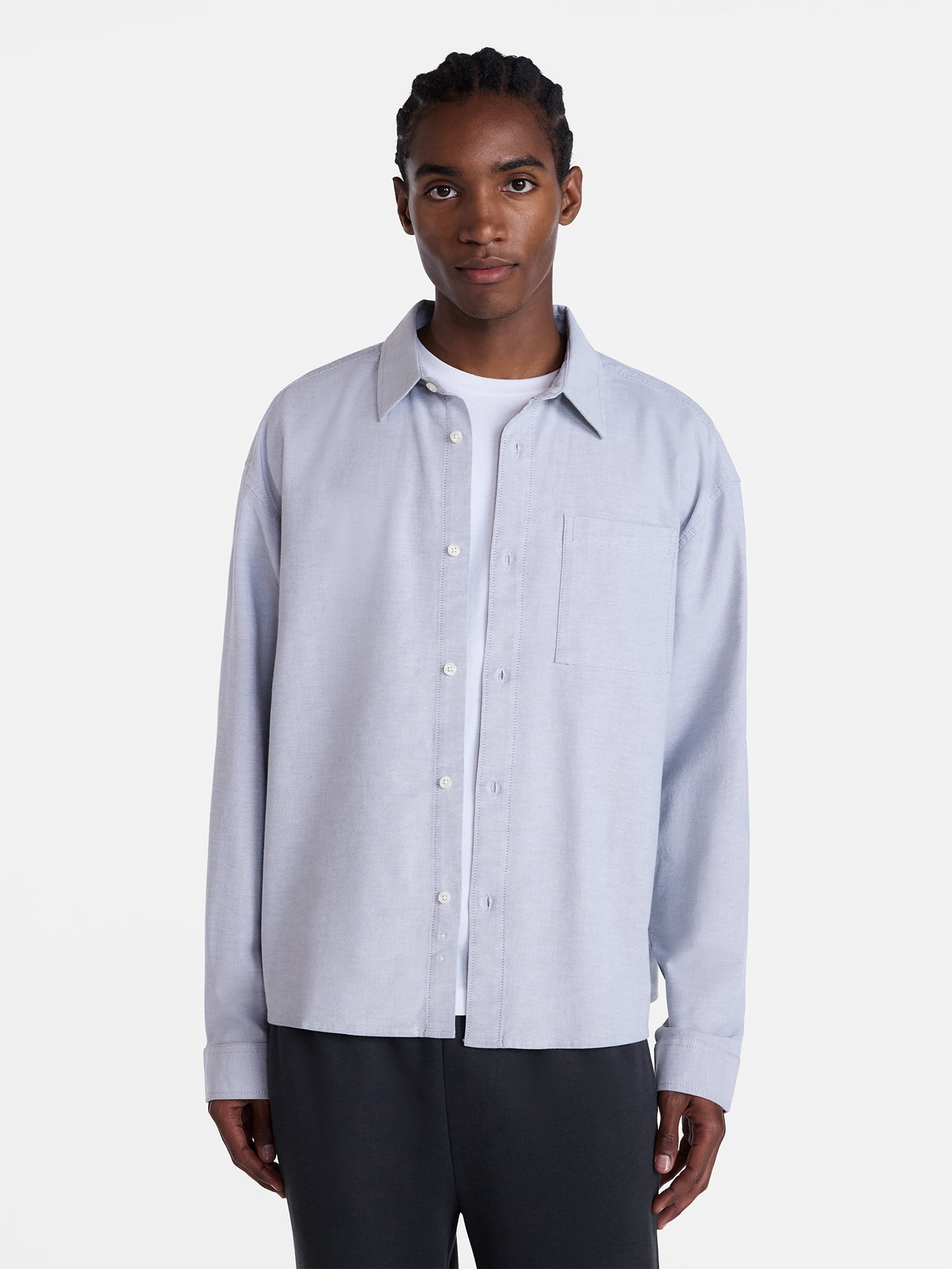 No Boundaries Boxy Cropped Fit Oxford Shirt with Long Sleeves, Men's XS-5XB