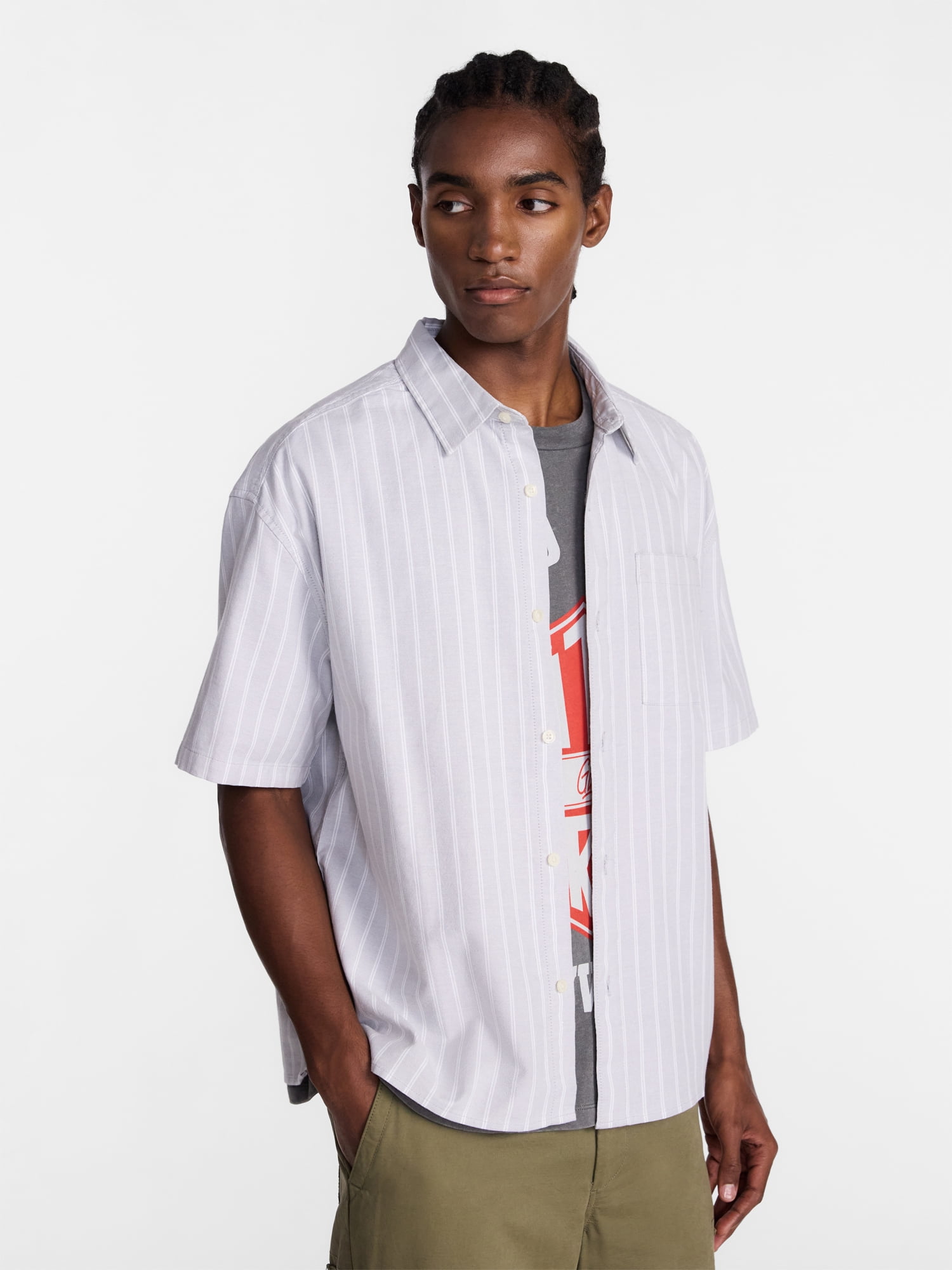 No Boundaries Boxy Cropped Fit Oxford Shirt with Short Sleeves, Men's XS-5XB