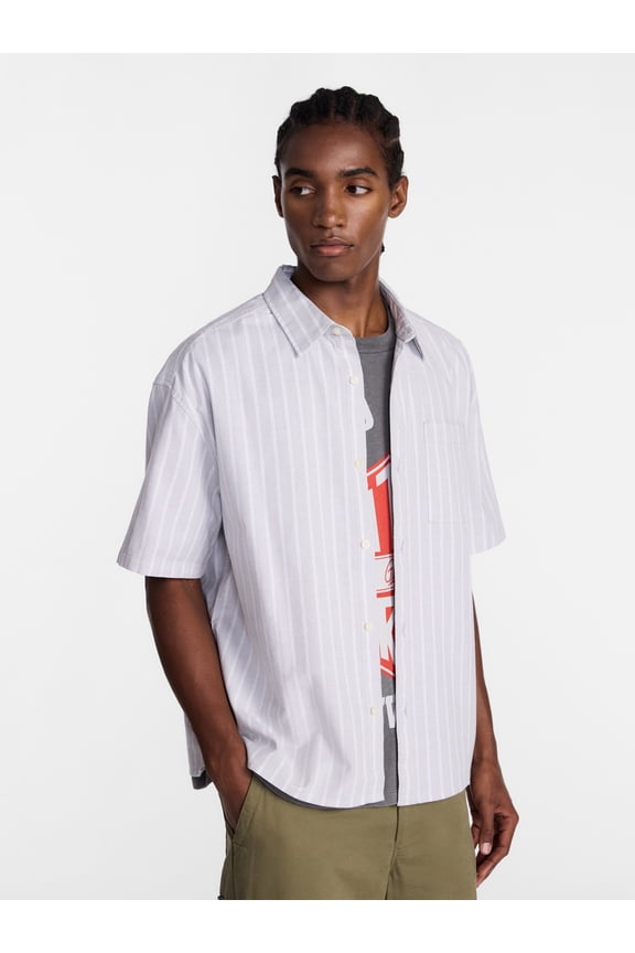 Boxy Cropped Fit Oxford Shirt with Short Sleeves, Men's XS-5XB