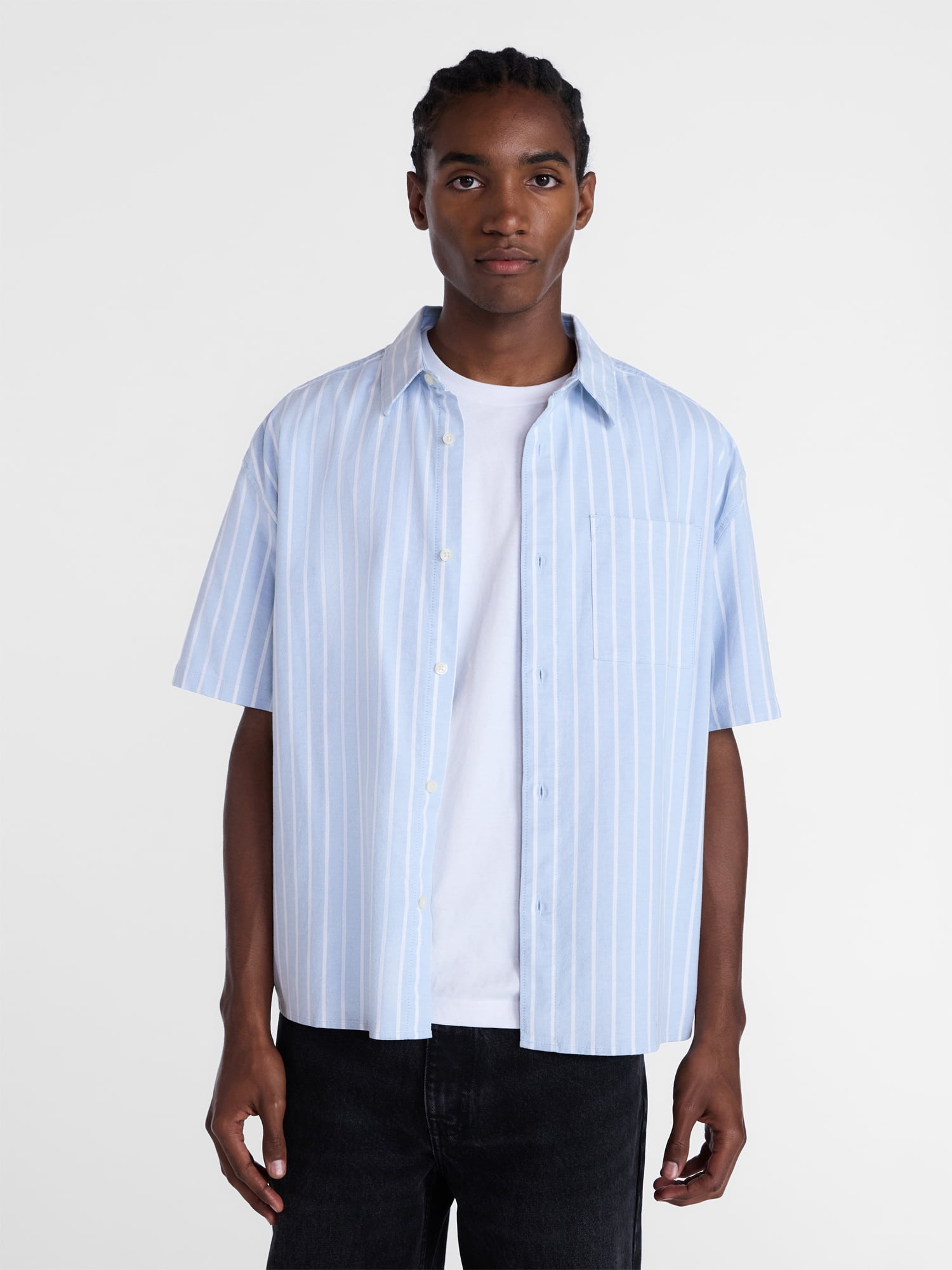 No Boundaries Boxy Cropped Fit Oxford Shirt with Short Sleeves, Men's XS-5XB