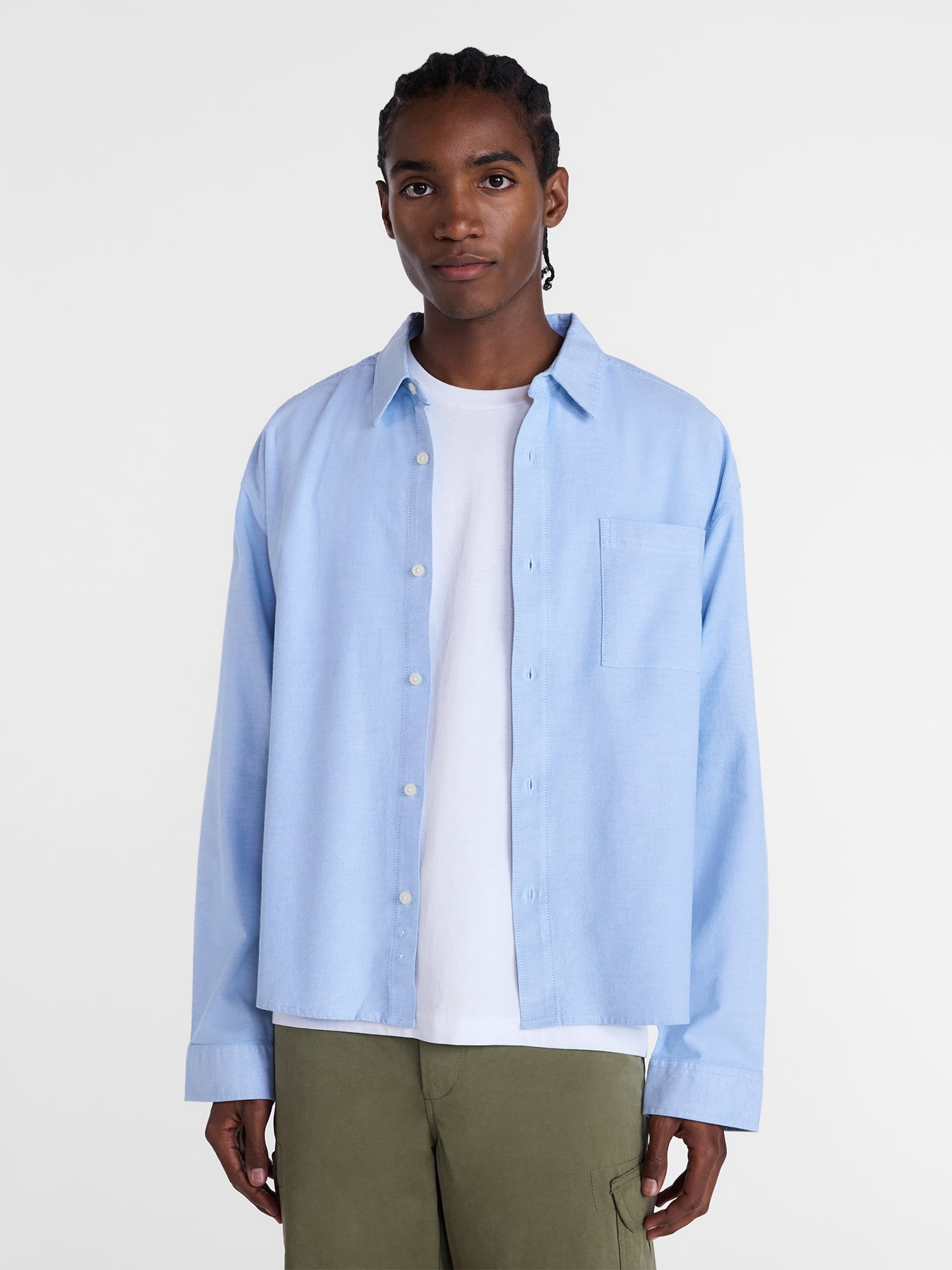No Boundaries Boxy Cropped Fit Oxford Shirt with Long Sleeves, Men's XS-5XB