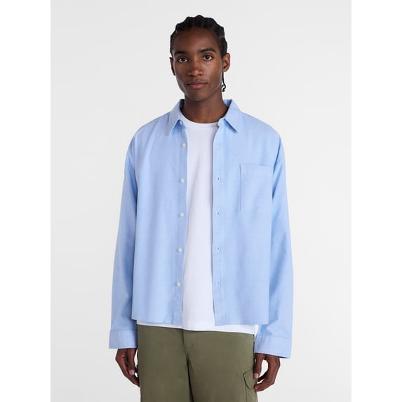 No Boundaries Boxy Cropped Fit Oxford Shirt with Long Sleeves, Men's XS-5XB