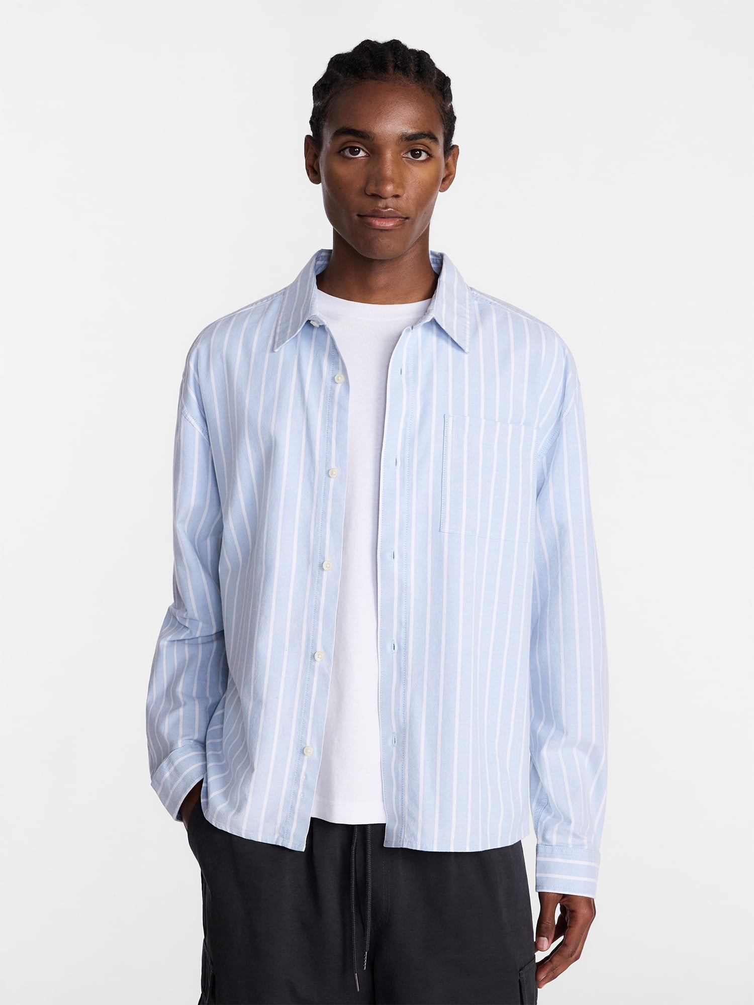 No Boundaries Boxy Cropped Fit Oxford Shirt with Long Sleeves, Men's XS-5XB