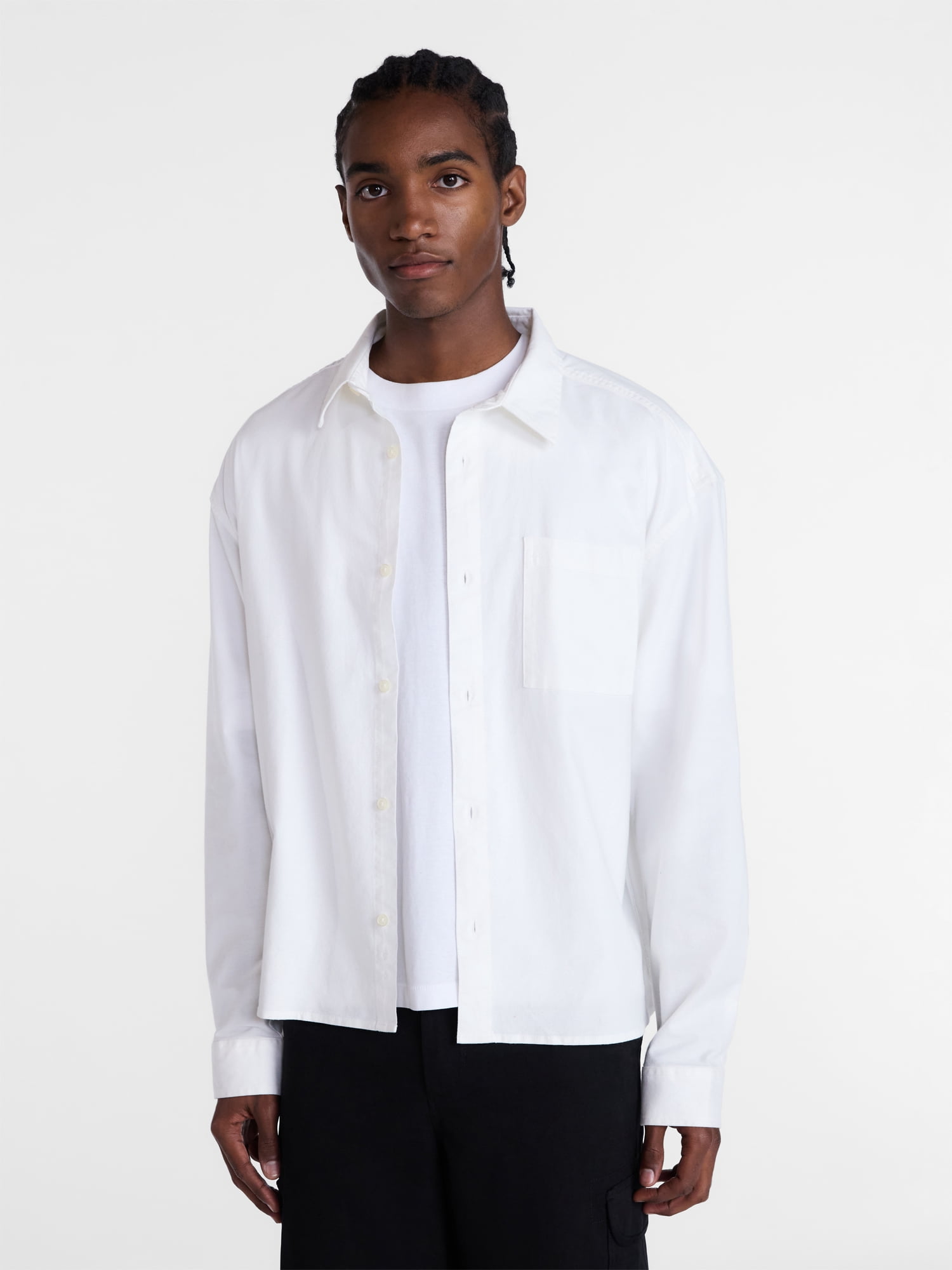 No Boundaries Boxy Cropped Fit Oxford Shirt with Long Sleeves, Men's XS-5XB