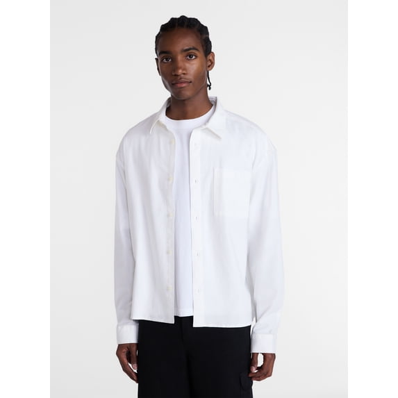 No Boundaries Boxy Cropped Fit Oxford Shirt with Long Sleeves, Men's XS-5XB