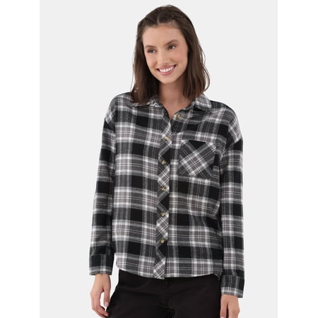 No Boundaries Plaid Flannel Shirt with Long Sleeves, Women's and Women's Plus