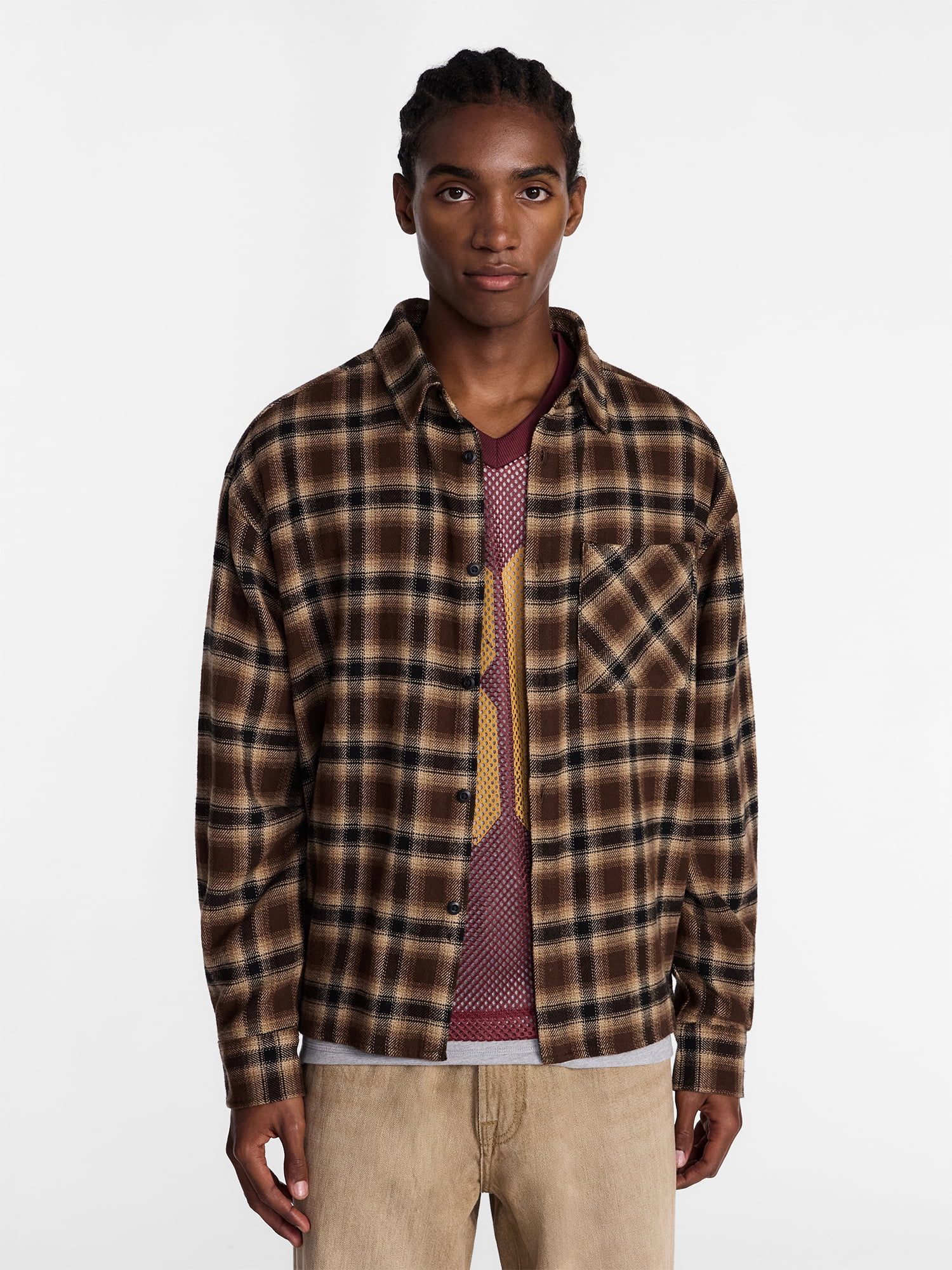 No Boundaries Boxy Cotton Plaid Flannel with Long Sleeves, Men's and Big Men's XS-4XLT
