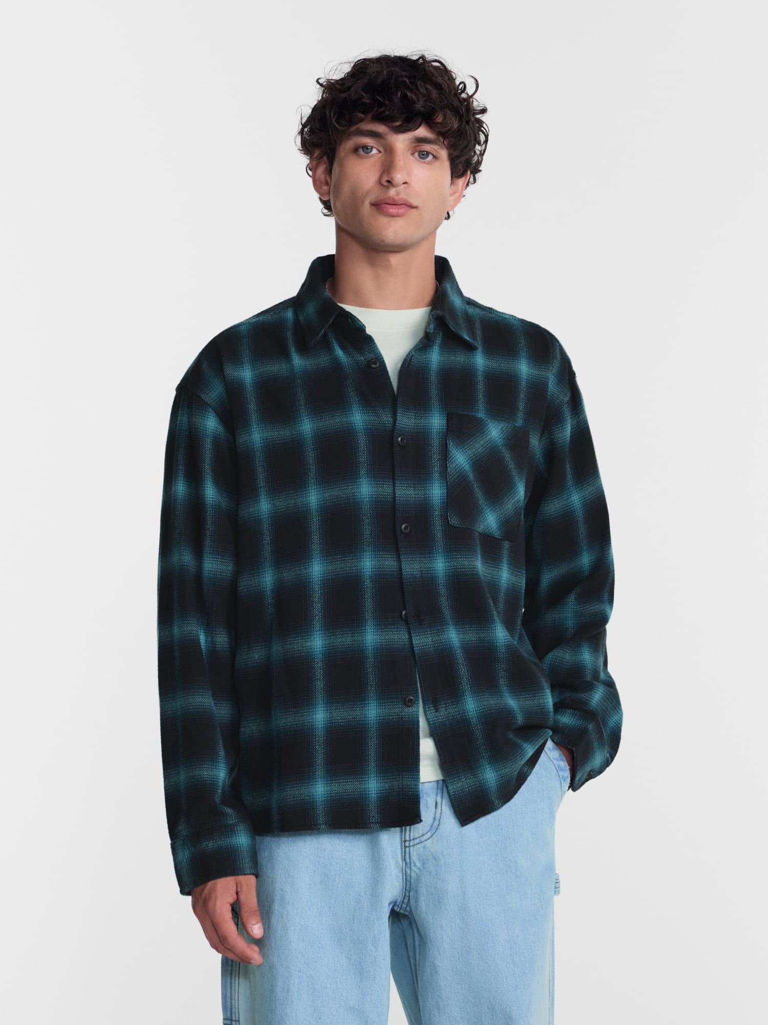 No Boundaries Boxy Cotton Plaid Flannel with Long Sleeves, Men's and Big Men's XS-4XLT