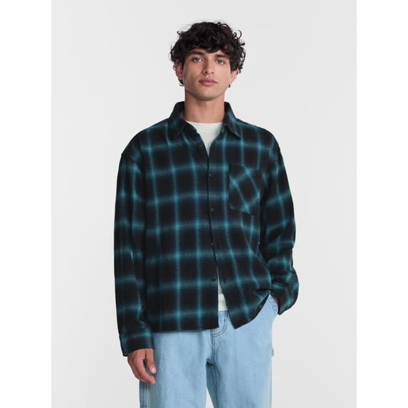 No Boundaries Boxy Cotton Plaid Flannel with Long Sleeves, Men's and Big Men's XS-4XLT