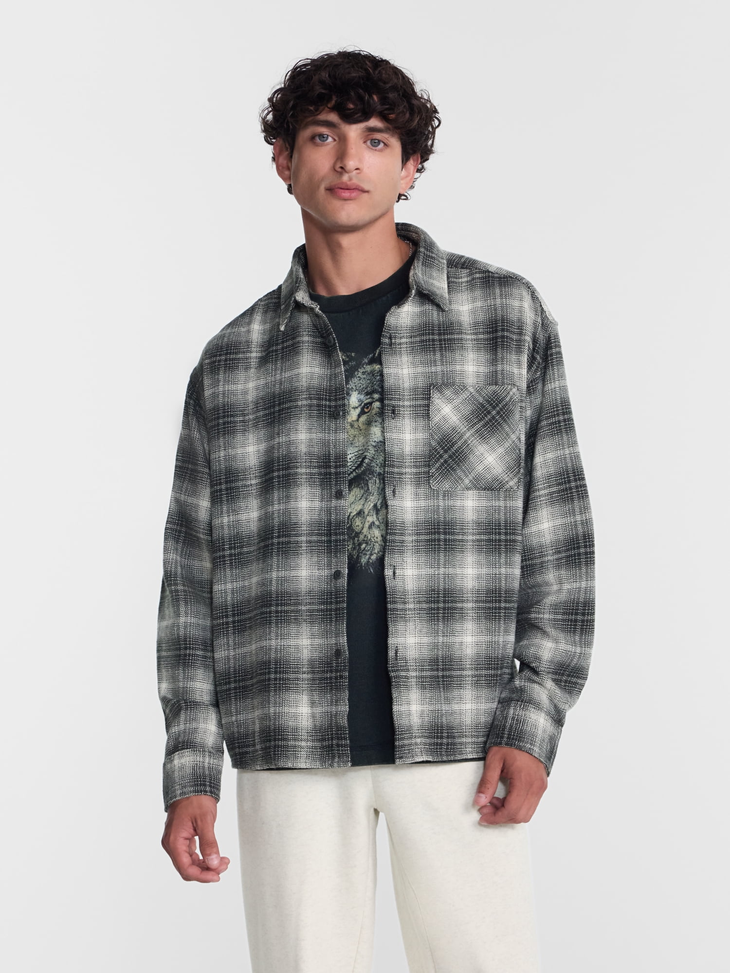 No Boundaries Boxy Cotton Plaid Flannel with Long Sleeves, Men's and Big Men's XS-4XLT