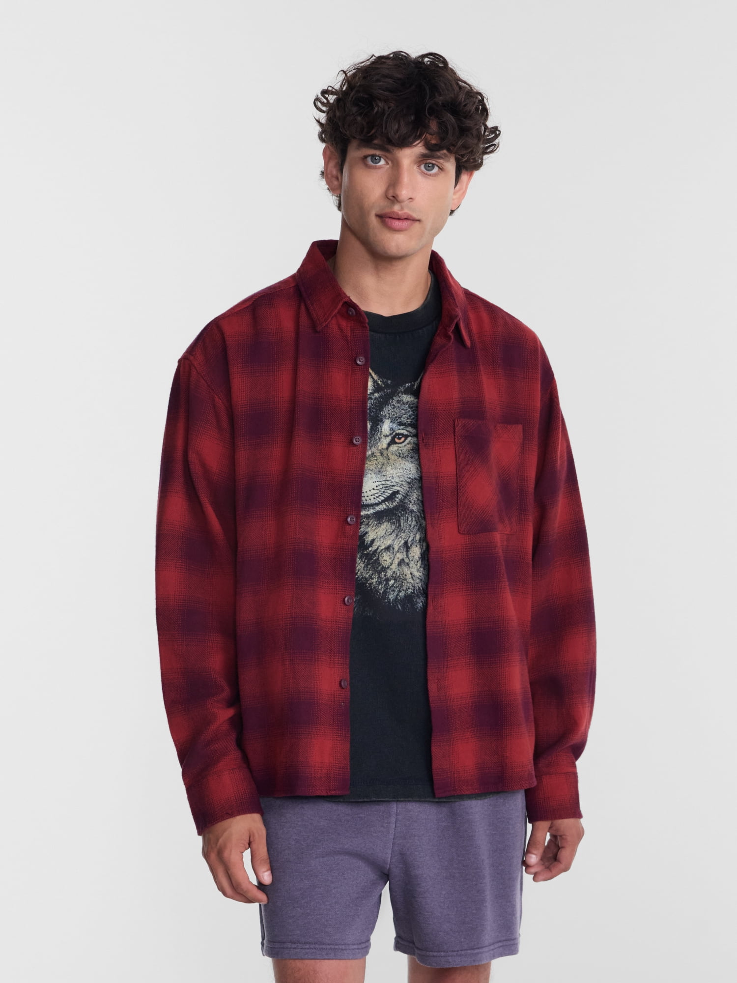 No Boundaries Boxy Cotton Plaid Flannel with Long Sleeves, Men's and Big Men's XS-4XLT