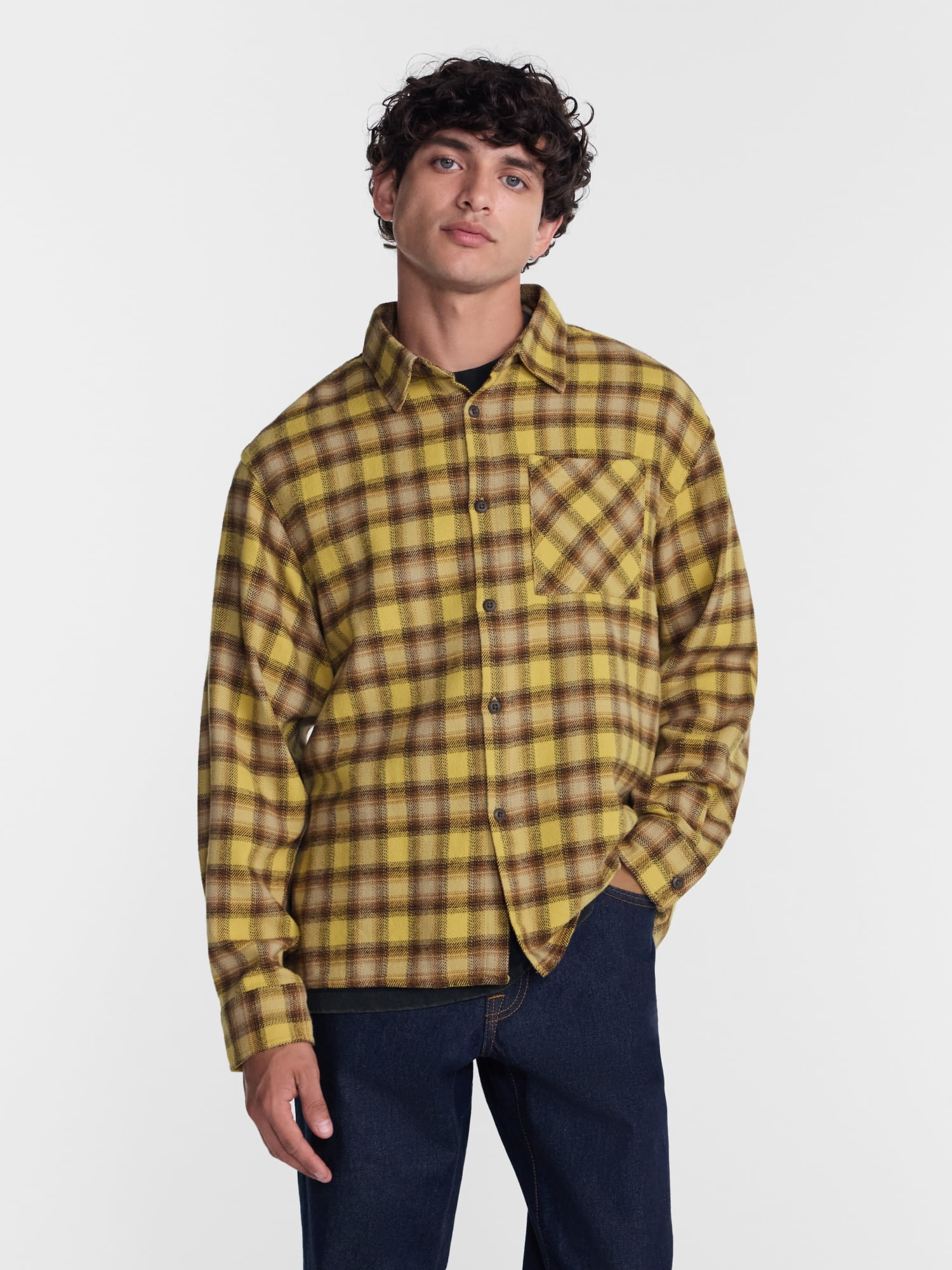 No Boundaries Boxy Cotton Plaid Flannel with Long Sleeves, Men's and Big Men's XS-4XLT
