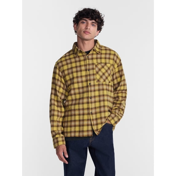 No Boundaries Boxy Cotton Plaid Flannel with Long Sleeves, Men's and Big Men's XS-4XLT