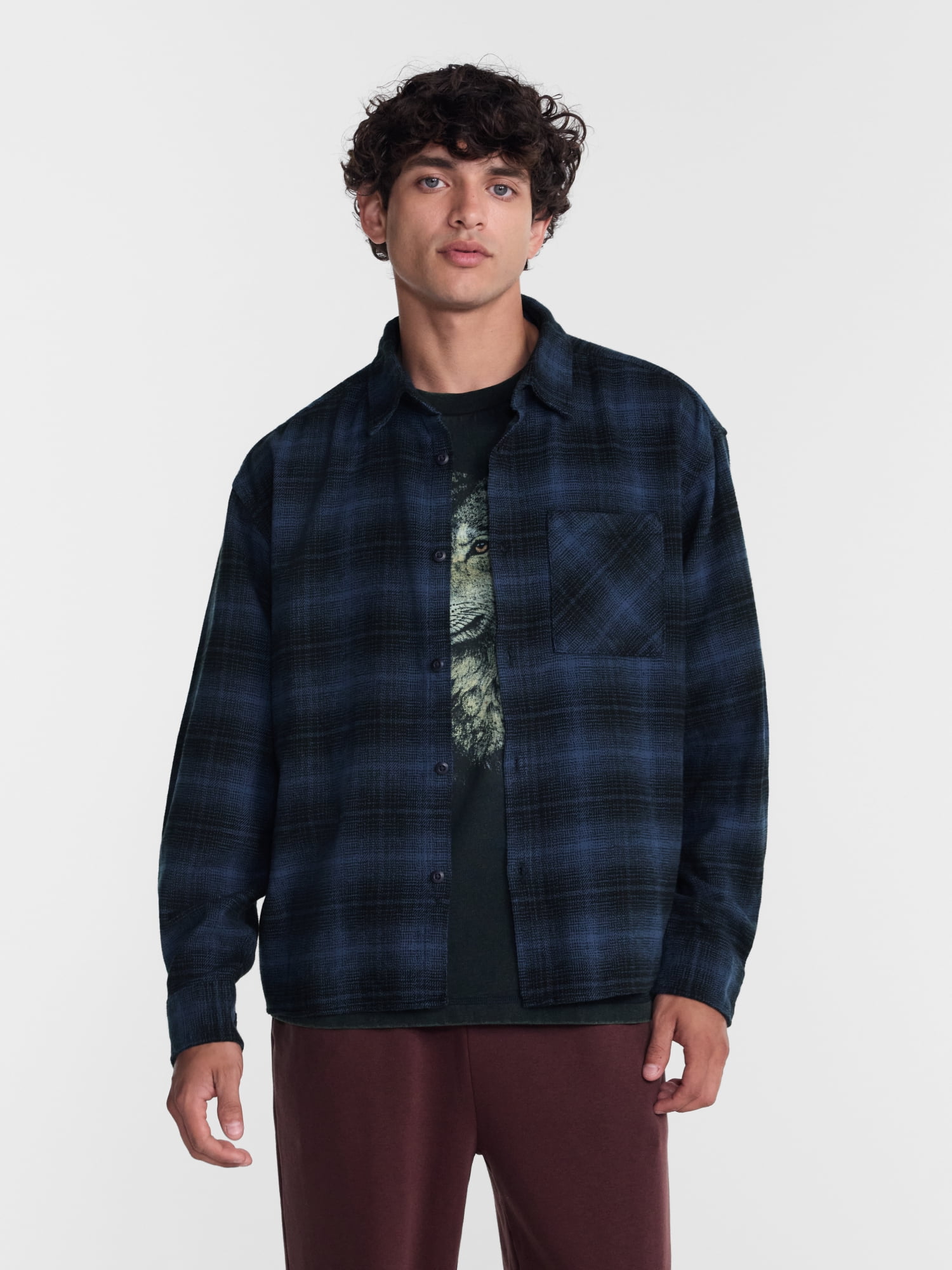 No Boundaries Boxy Cotton Plaid Flannel with Long Sleeves, Men's and Big Men's XS-4XLT