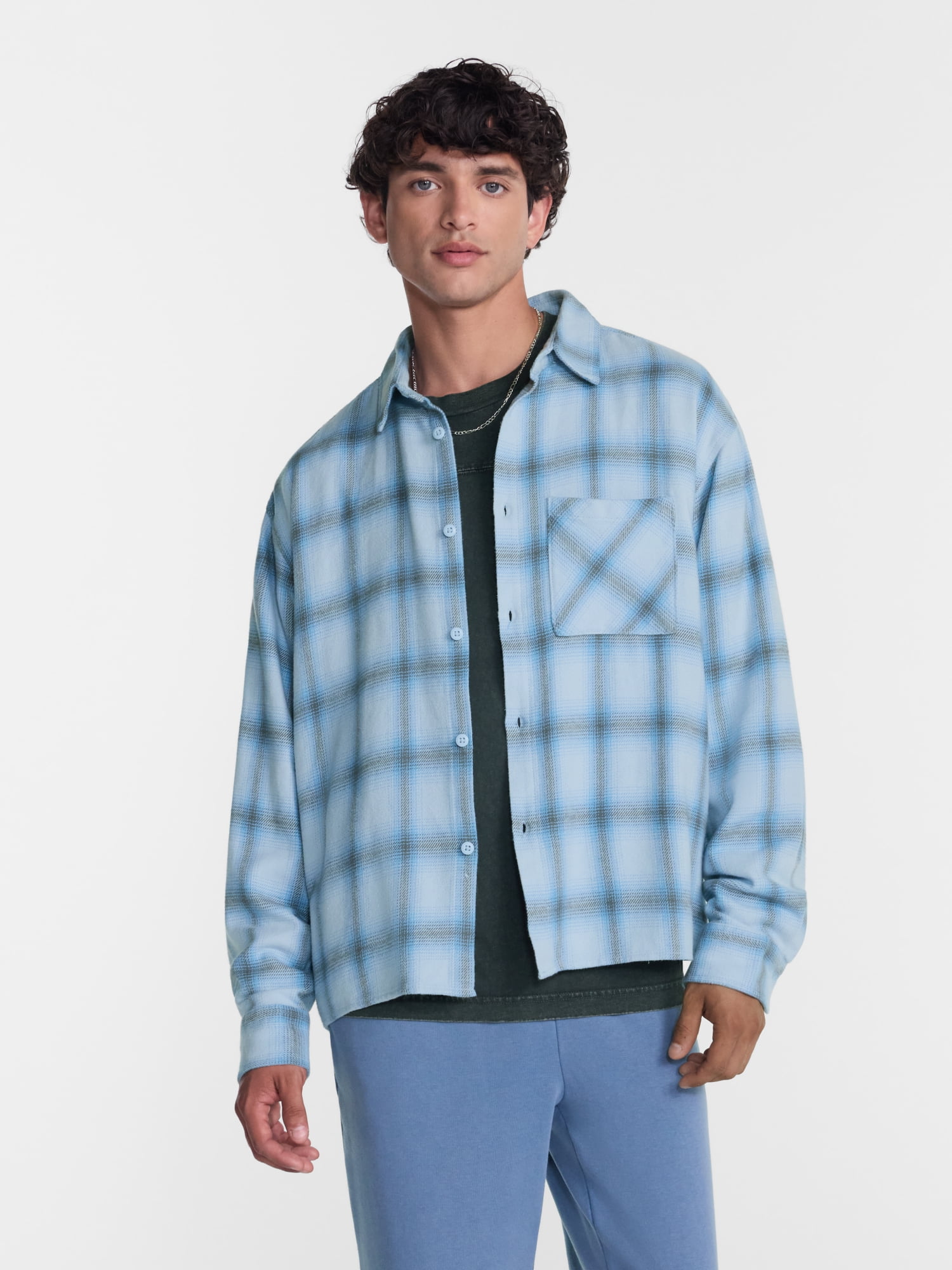 No Boundaries Boxy Cotton Plaid Flannel with Long Sleeves, Men's and Big Men's XS-4XLT