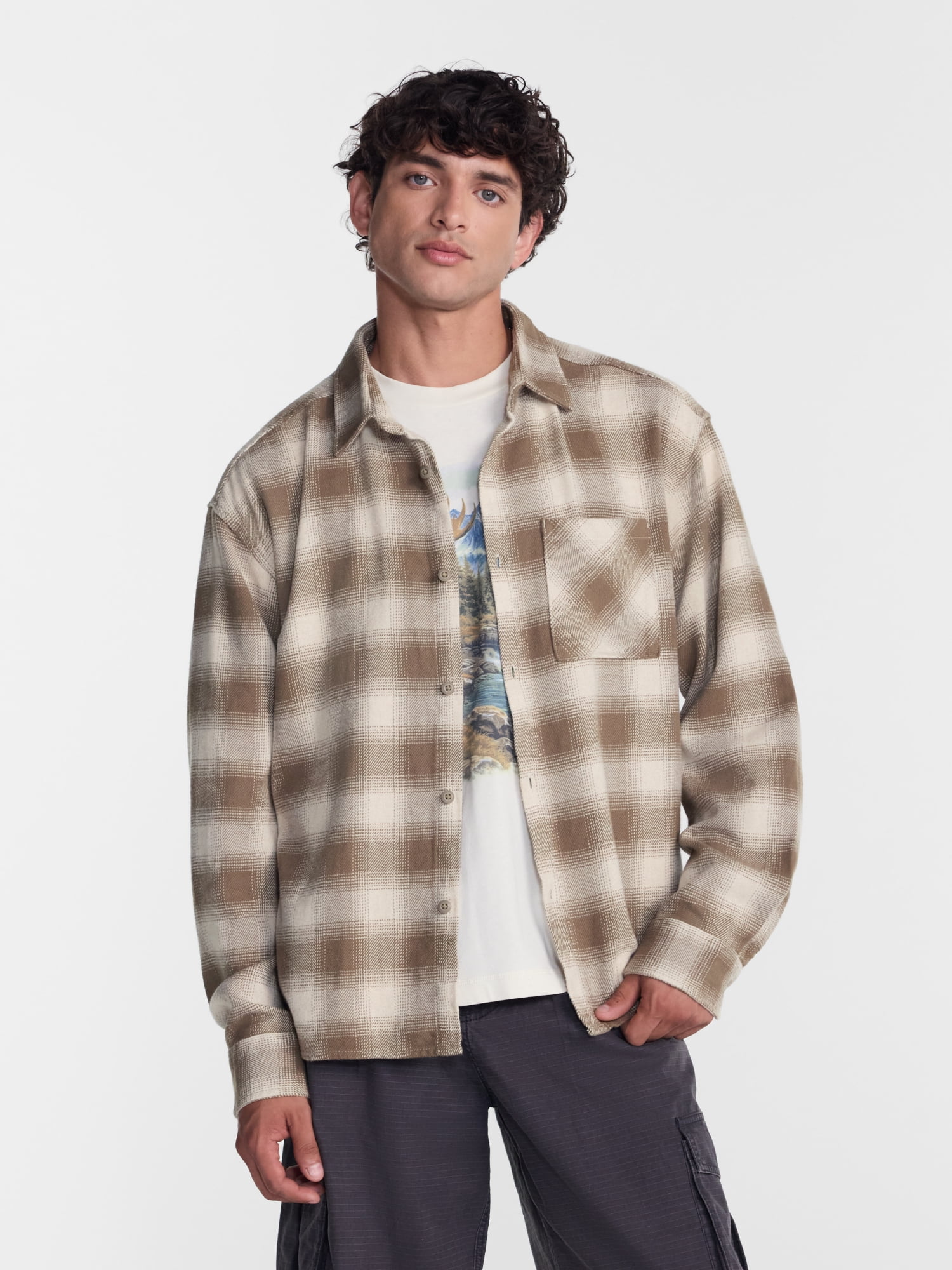 No Boundaries Boxy Cotton Plaid Flannel with Long Sleeves, Men's and Big Men's XS-4XLT