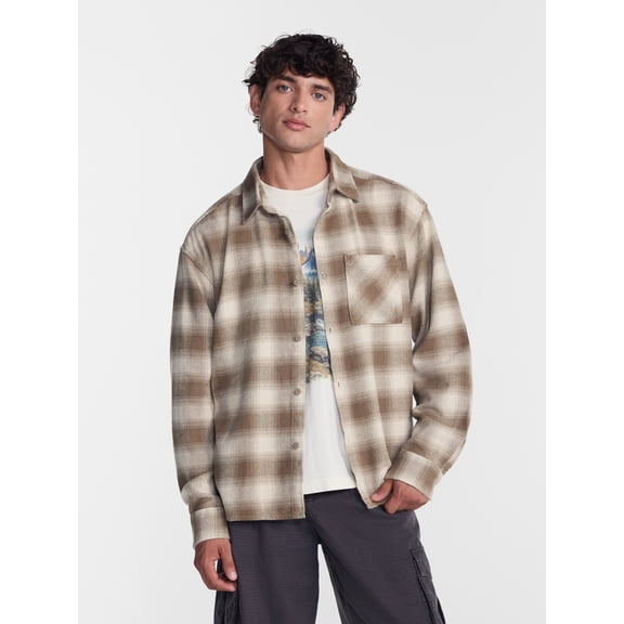 No Boundaries Boxy Cotton Plaid Flannel with Long Sleeves, Men's and Big Men's XS-4XLT