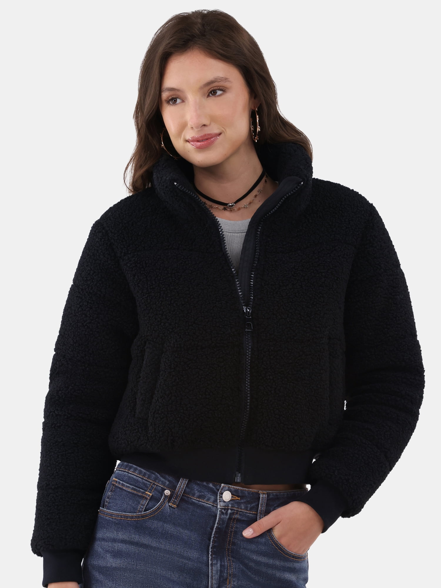 No Boundaries Plush Puffer Jacket, Women's and Women's Plus