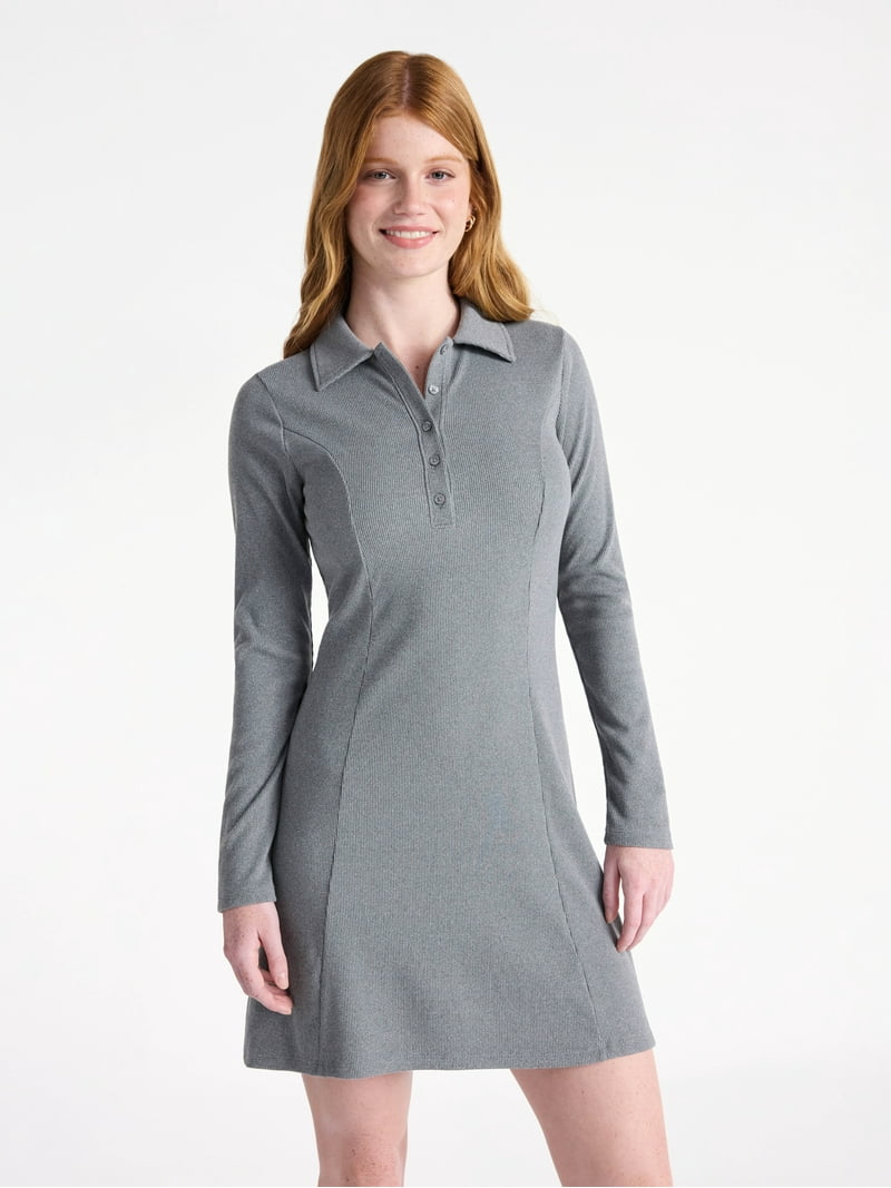 No Boundaries Ribbed Polo Dress with Long Sleeves, Women's