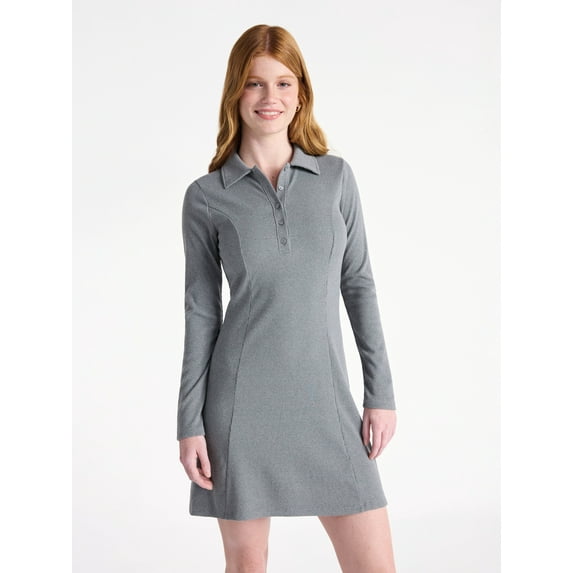 No Boundaries Ribbed Polo Dress with Long Sleeves, Women's