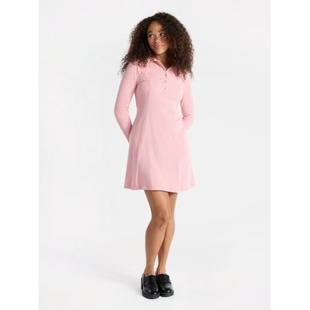 No Boundaries Ribbed Polo Dress with Long Sleeves, Women's