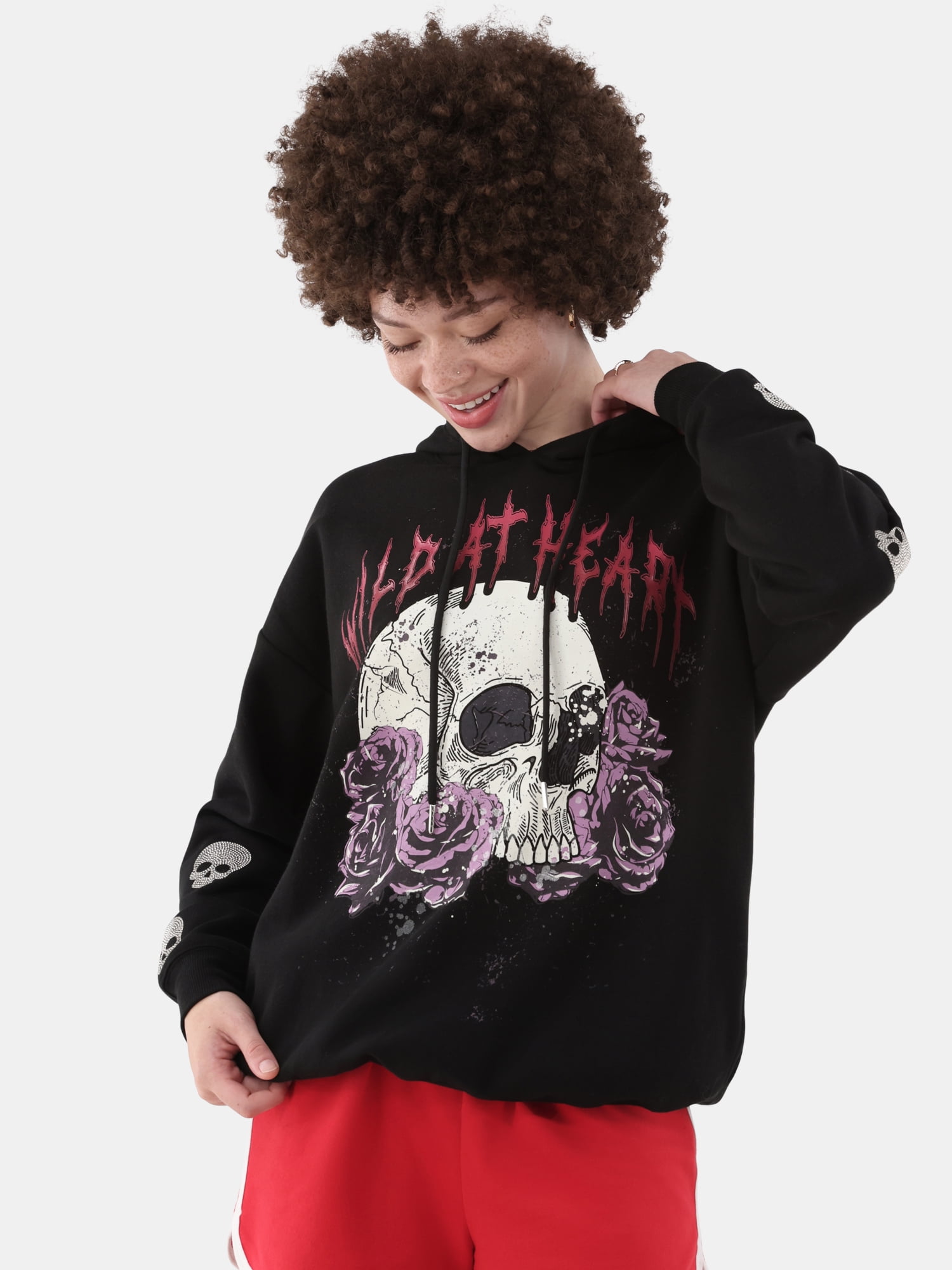 No Boundaries Pullover Graphic Hoodie with Rhinestones, Women's and Women's Plus