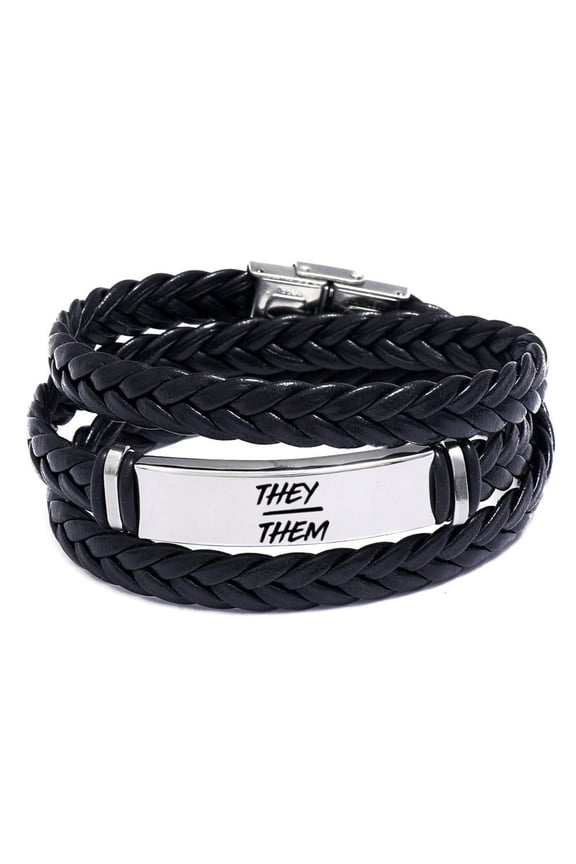 NB Pride Genderqueer Gender Identity Jewelry - Multiple Layered Wrap Leather They Them Pronoun Bracelet Non Binary Pronouns Bangle Cool Gifts, Silver