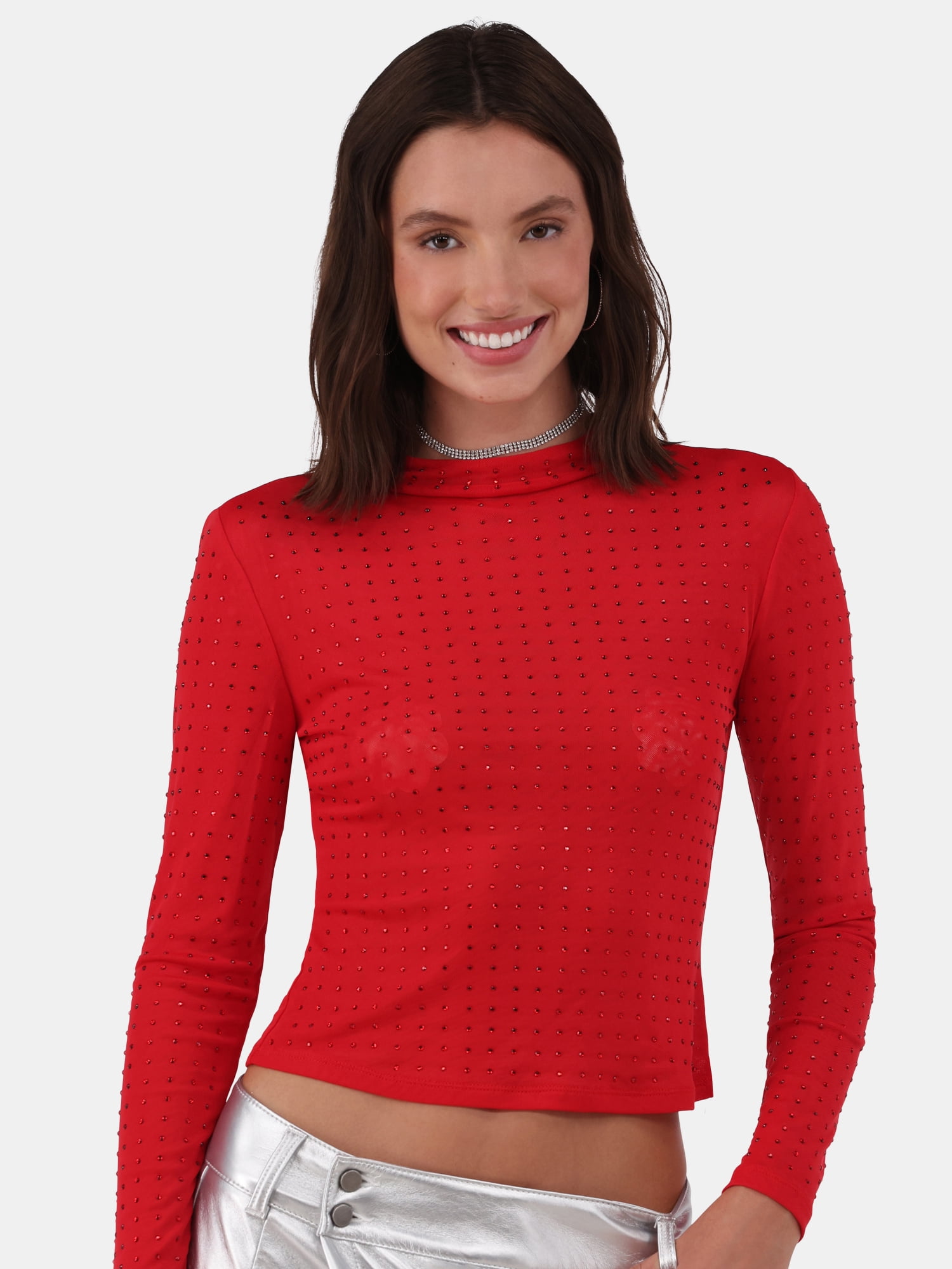No Boundaries Rhinestone Studded Mesh Top with Long-Sleeves, Women's and Women’s Plus No Boundaries Rhinestone Studded Mesh Top with Long-Sleeves, Women's and Women’s Plus