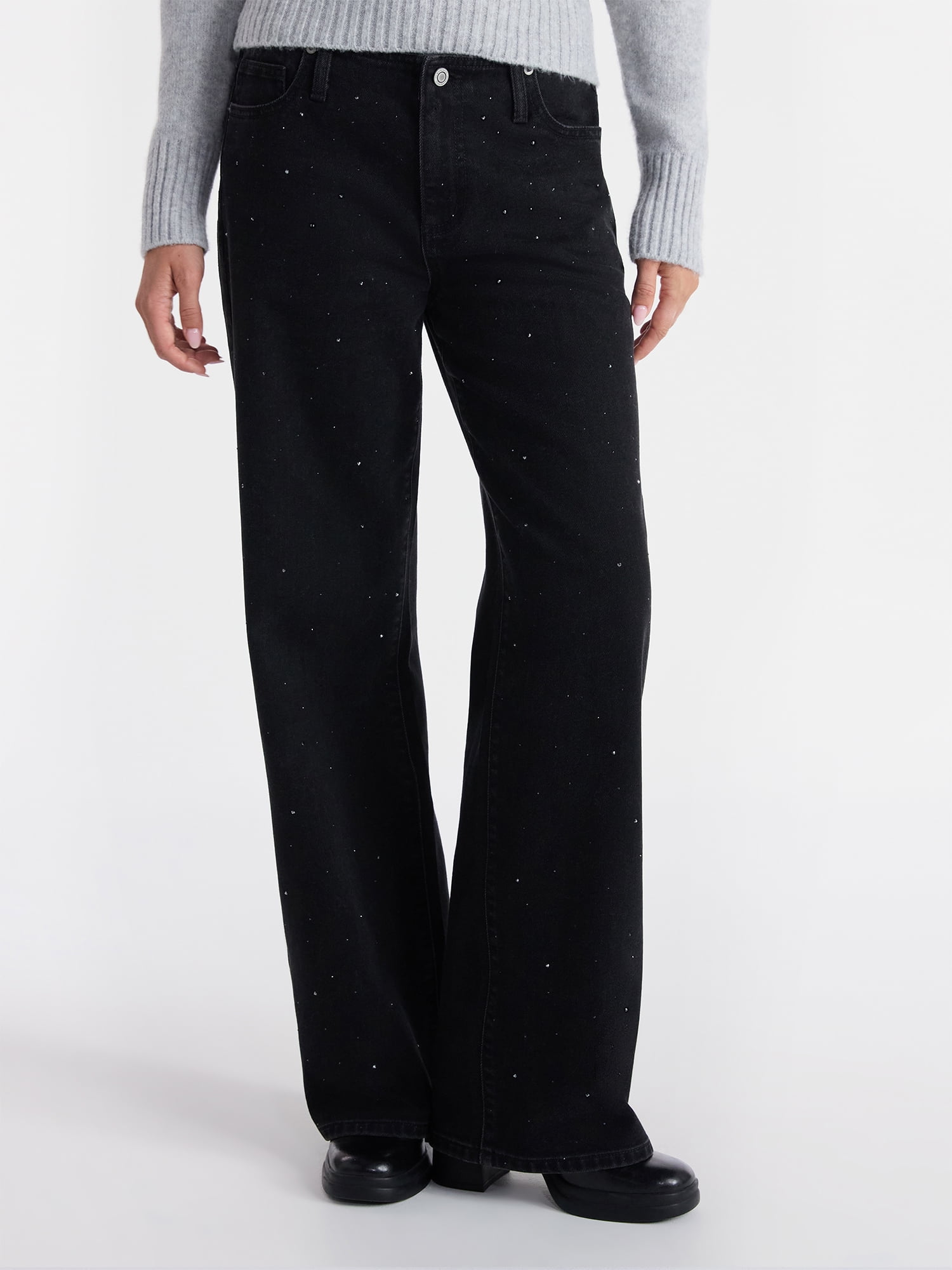 No Boundaries Studded Baggy Wide Leg Jeans, 31.5'' Inseam, Women's