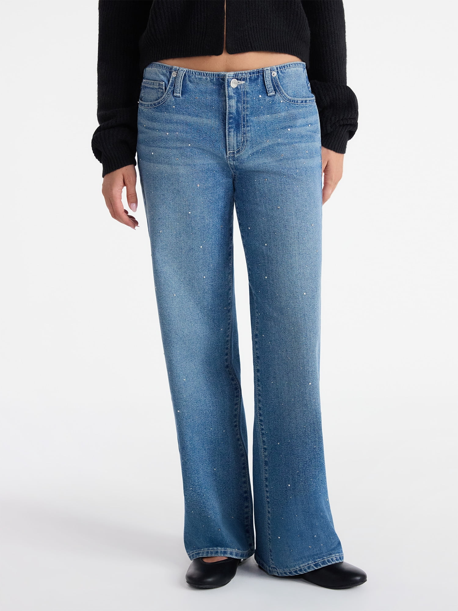 No Boundaries Studded Baggy Wide Leg Jeans, 31.5'' Inseam, Women's