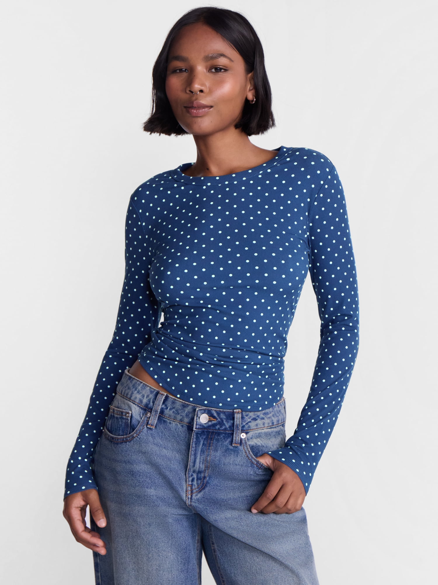 No Boundaries Ribbed Crewneck Tee with Long Sleeves, Women's and Women's Plus XXS-4X