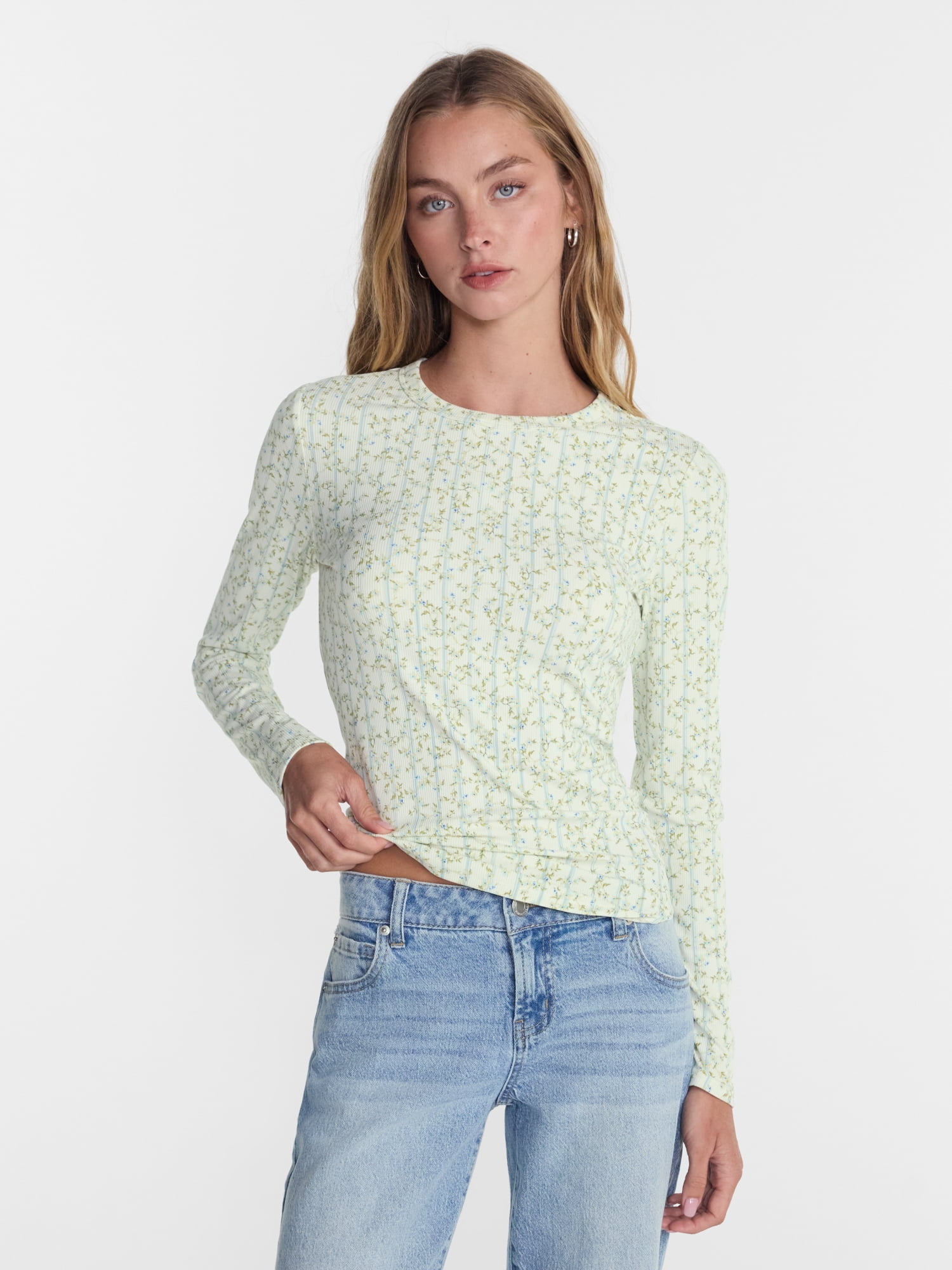 No Boundaries Ribbed Crewneck Tee with Long Sleeves, Women's and Women's Plus XXS-4X