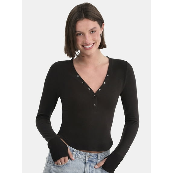 No Boundaries Henley Button-Up Snap Top with Thumbholes, Women's and Women’s Plus