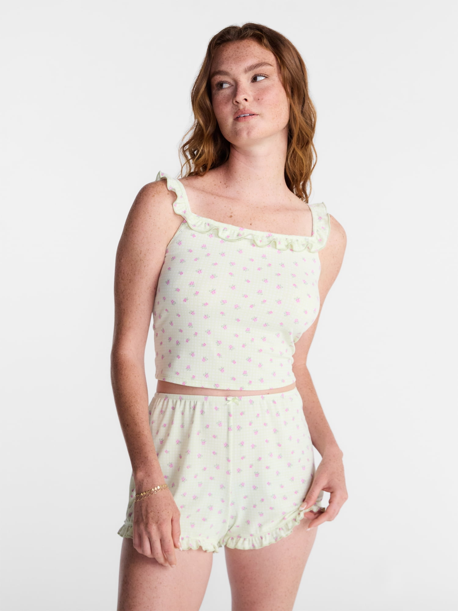 No Boundaries Ruffle Tank Top and Shorts Sleep Set, 2-Piece, Women's XS-XXL