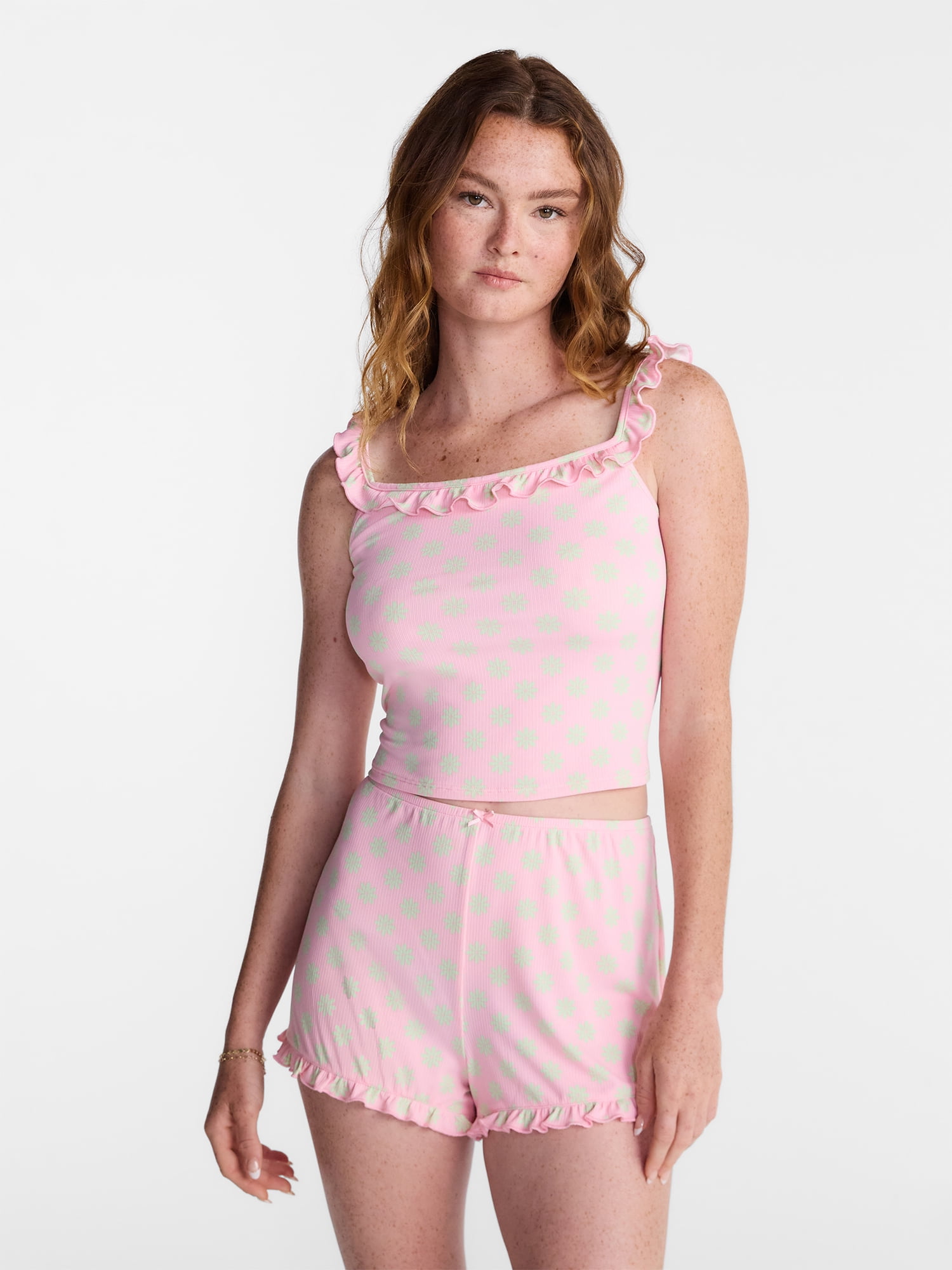 No Boundaries Ruffle Tank Top and Shorts Sleep Set, 2-Piece, Women's XS-XXL