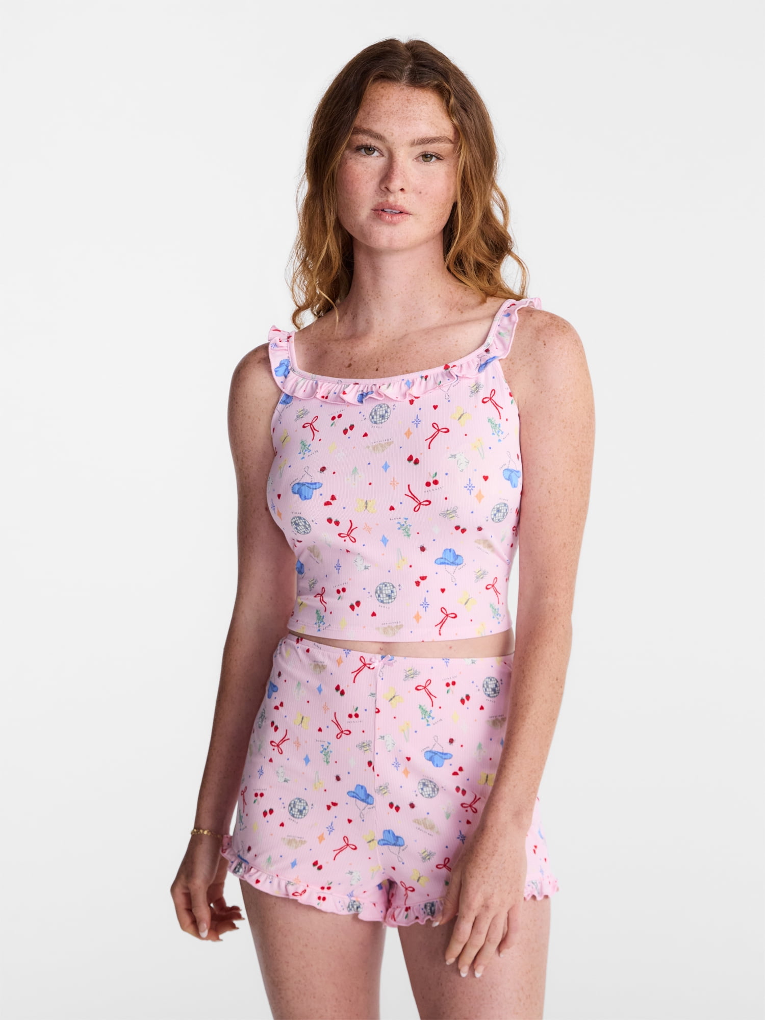 No Boundaries Ruffle Tank Top and Shorts Sleep Set, 2-Piece, Women's XS-XXL