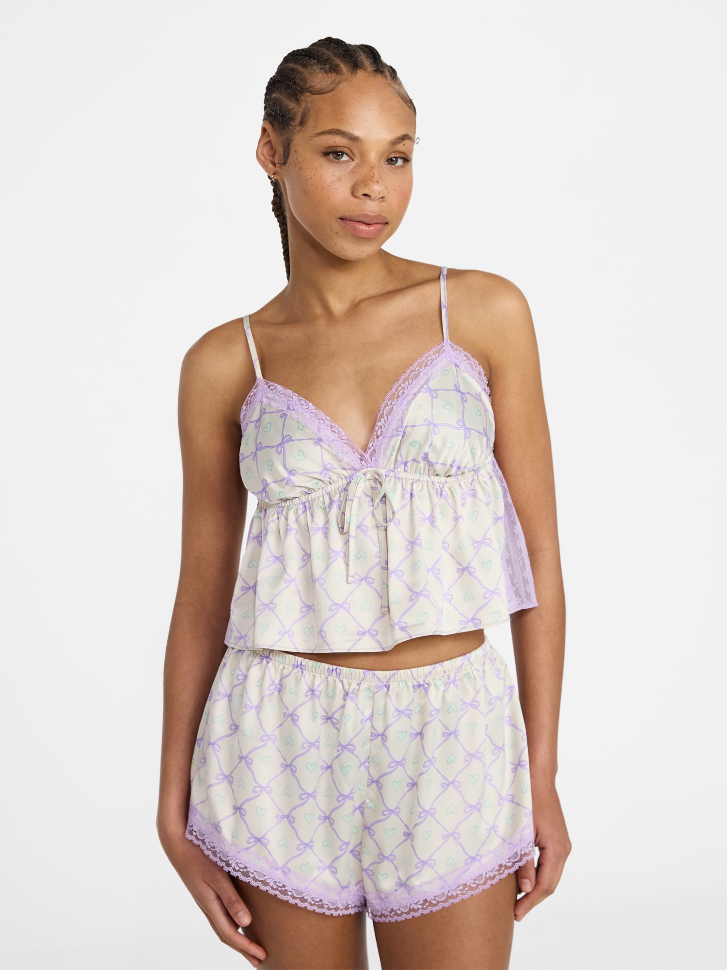 No Boundaries Satin Cami and Shorts Sleep Set, 2-Piece, Women's XS