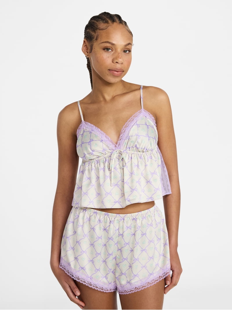 No Boundaries Satin Cami and Shorts Sleep Set, 2-Piece, Women's XS