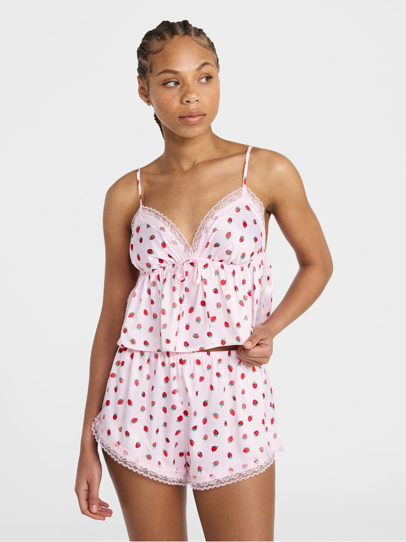 No Boundaries Satin Cami and Shorts Sleep Set, 2-Piece, Women's XS