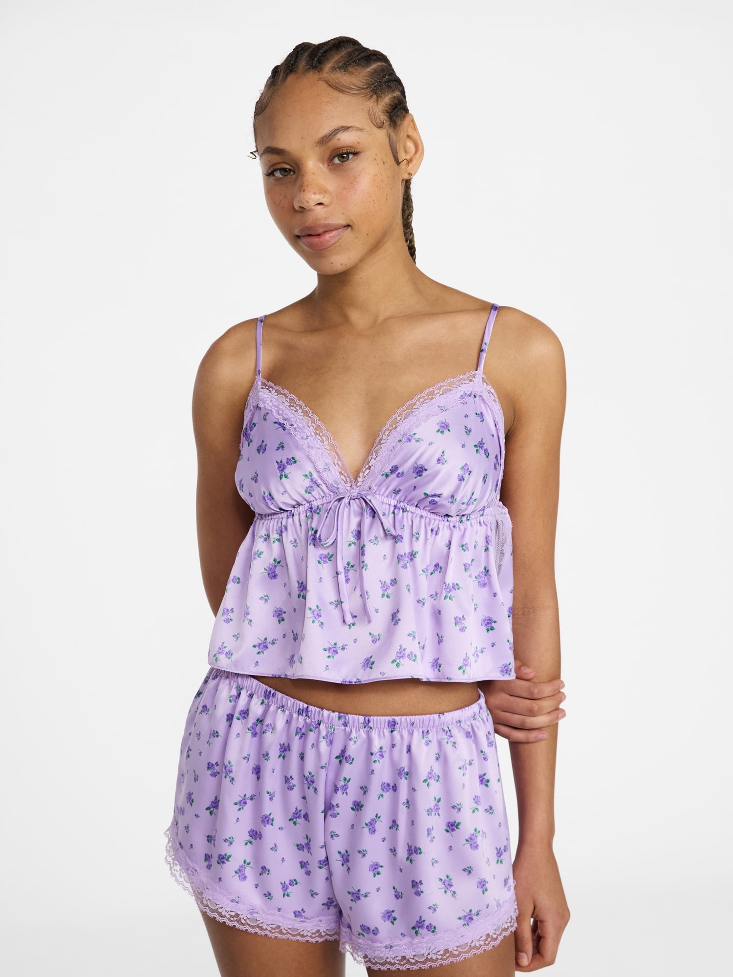 No Boundaries Satin Cami and Shorts Sleep Set, 2-Piece, Women's XS