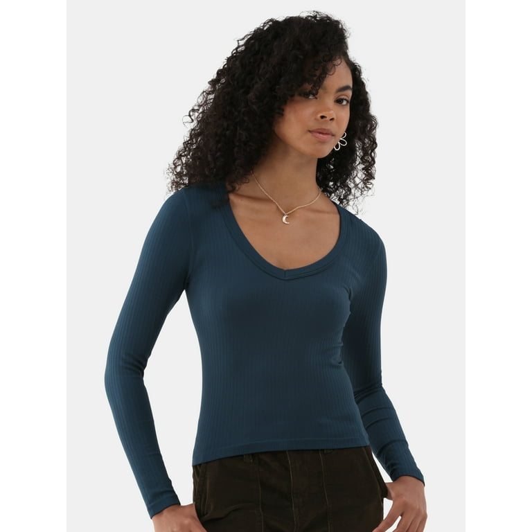No Boundaries Seamless V Neck Top with Long Sleeves Women s and Women s Plus Walmart