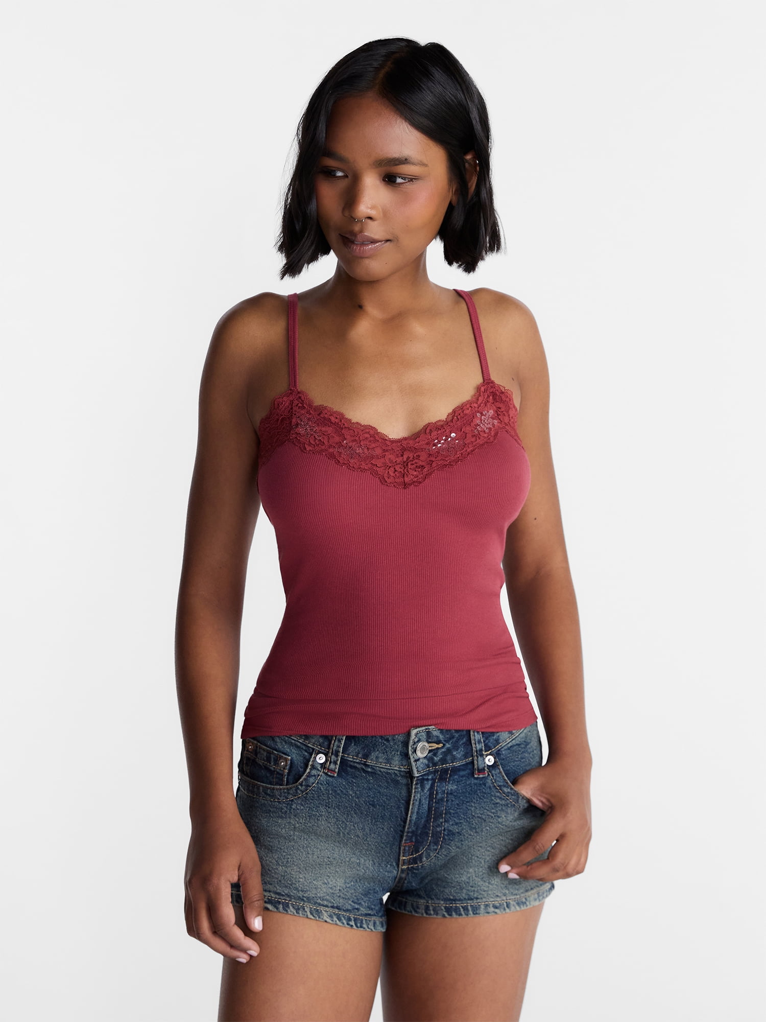 No Boundaries Sequin Lace Trim Cami Top, Women's XXS-XXL