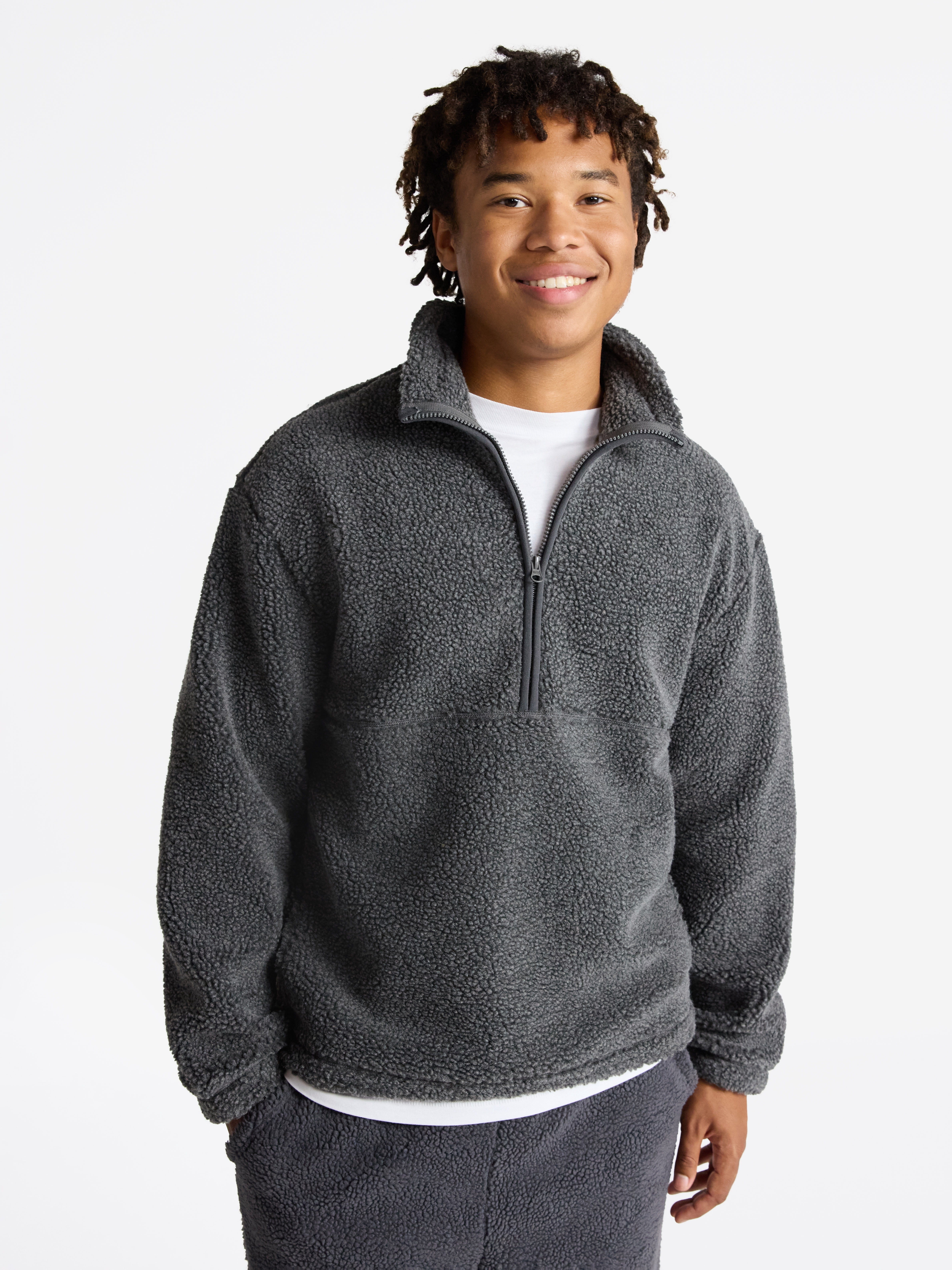 No Boundaries Faux Shearling Quarter Zip Pullover, Men’s XS-4XL