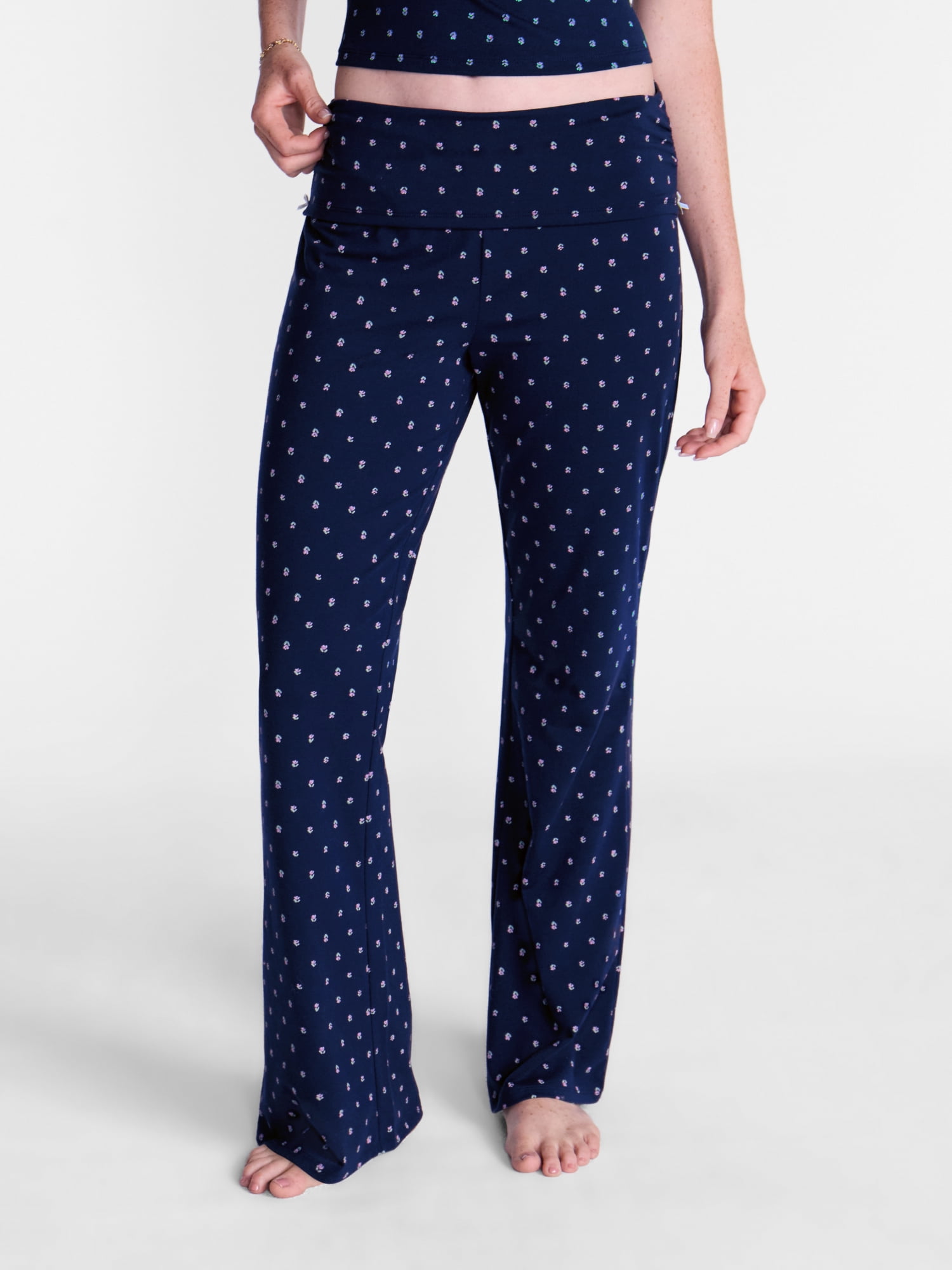 No Boundaries Cotton Blend Jersey Sleep Foldover Pants, 31'' Inseam, Women’s XXS-3X