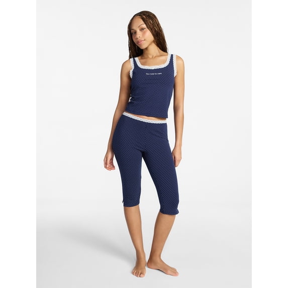 No Boundaries Lace Tank Top and Capri Pants Sleep Set, 2-Piece, Women's XXS-3X