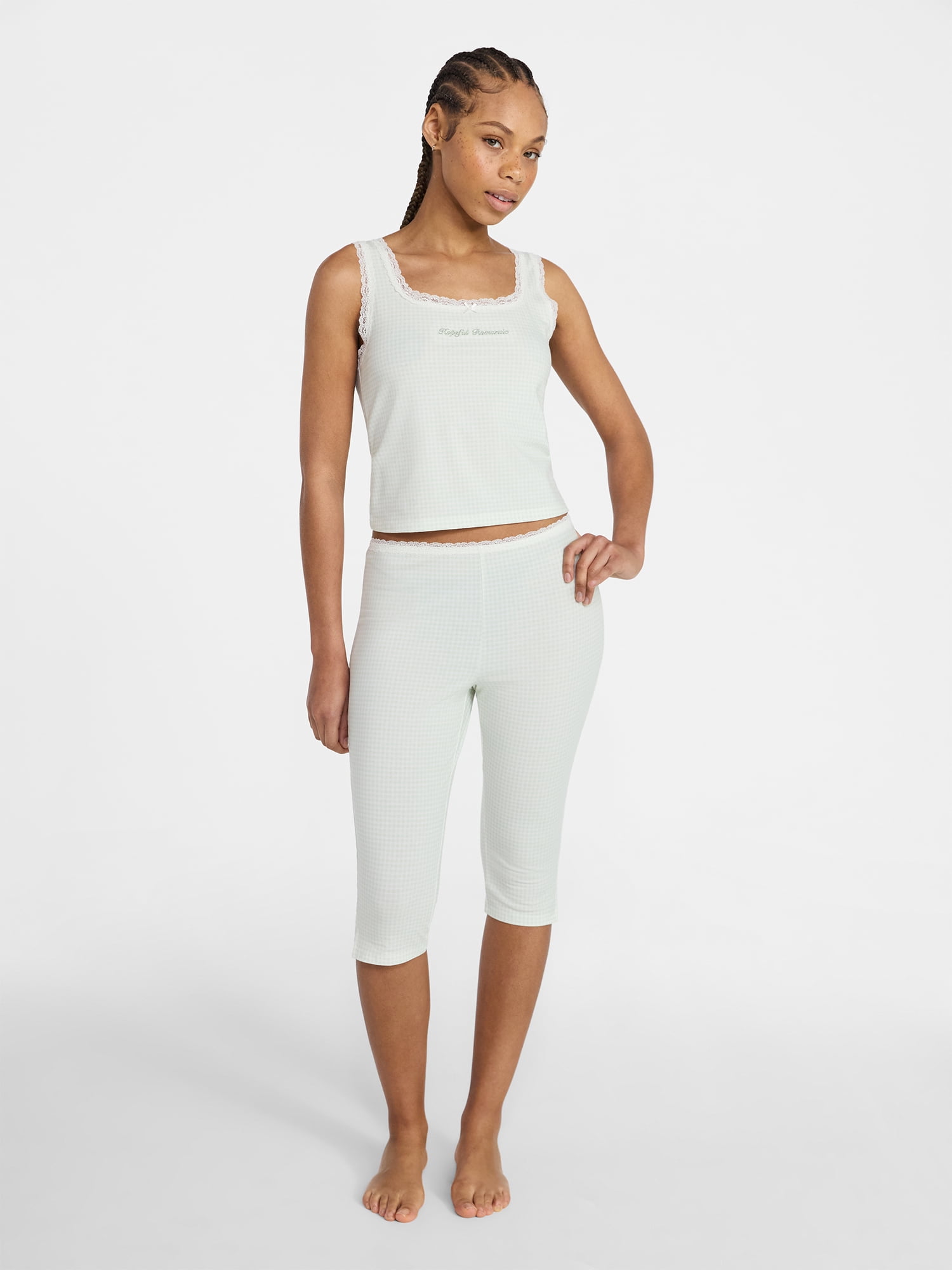 No Boundaries Lace Tank Top and Capri Pants Sleep Set, 2-Piece, Women's XXS-3X
