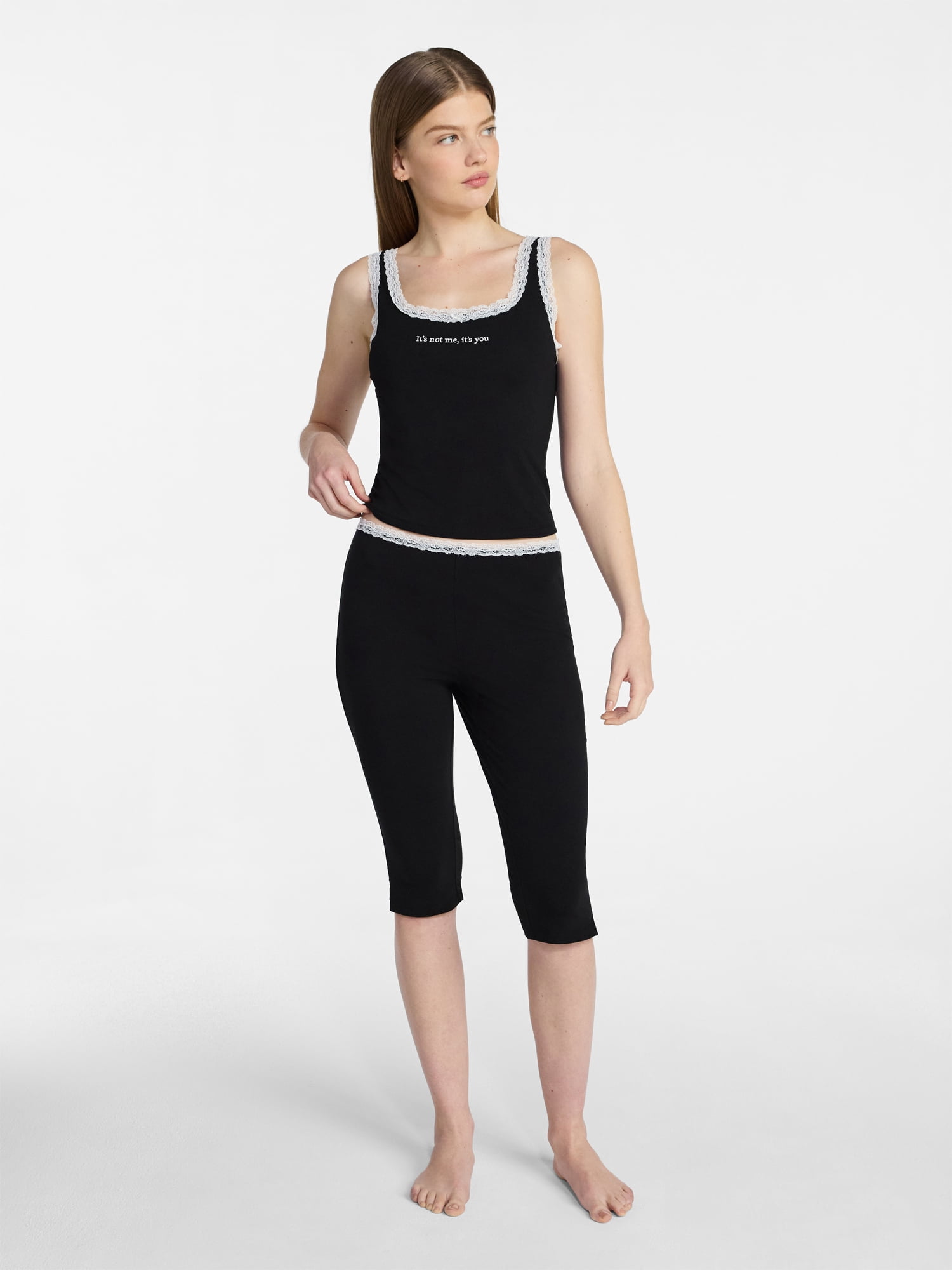 No Boundaries Lace Tank Top and Capri Pants Sleep Set, 2-Piece, Women's XXS-3X