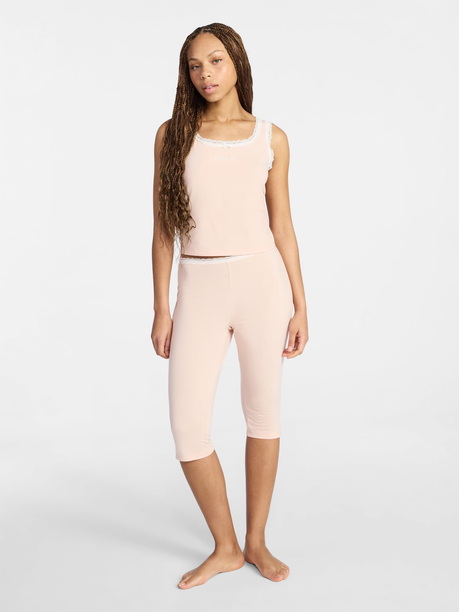 No Boundaries Lace Tank Top and Capri Pants Sleep Set, 2-Piece, Women's XXS-3X